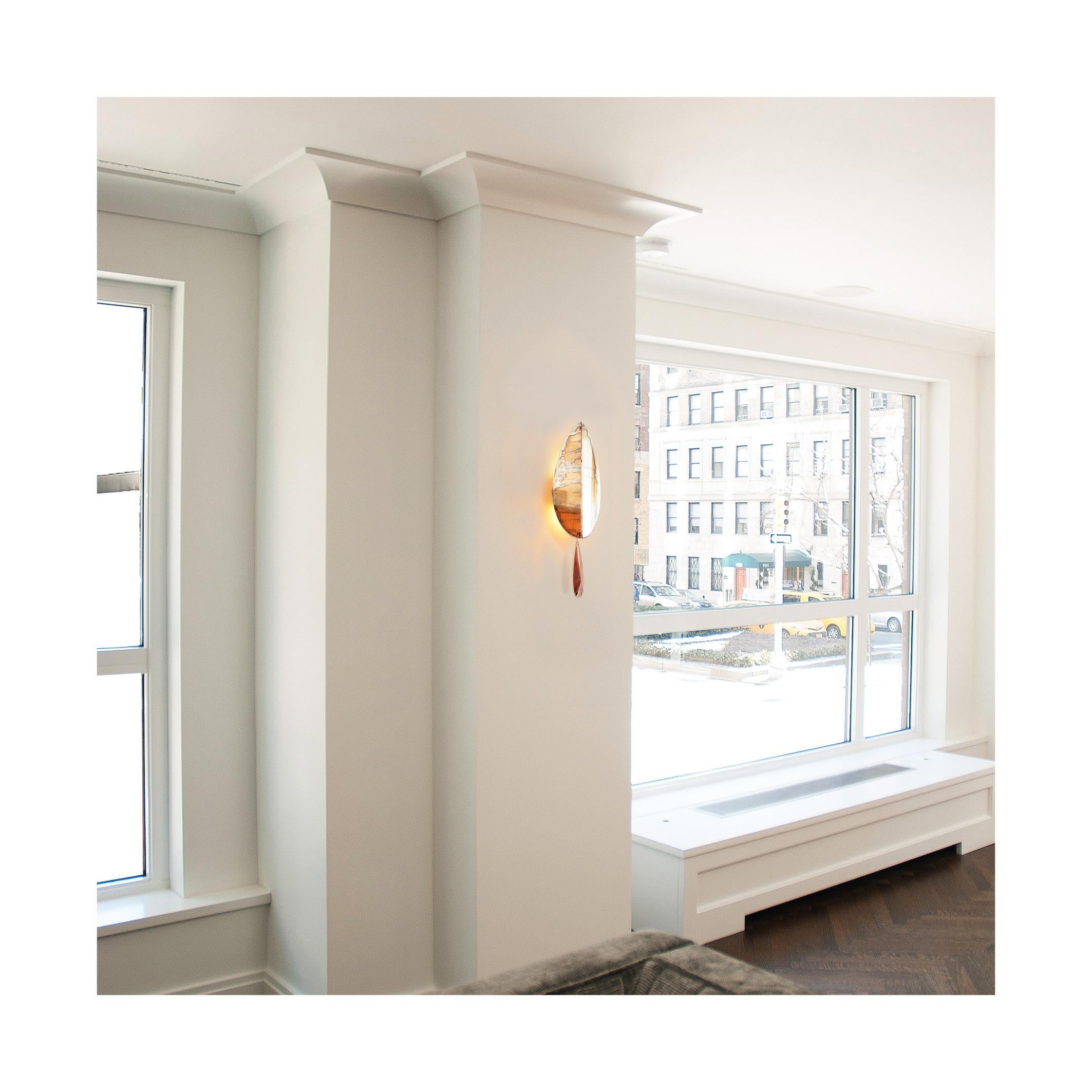 Modern “Flame” Mini Contemporary Wall Sconce Rose Silvered art Glass, brass For Sale