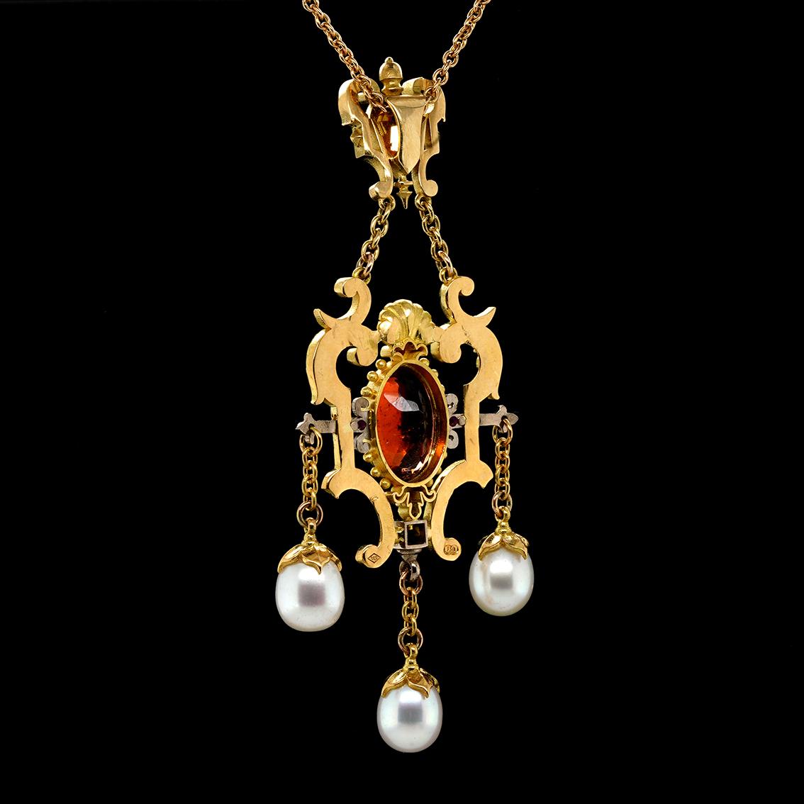 Women's or Men's Peach Tourmaline, Zircon, Ruby, Diamond, Pearl 18k Gold Antique Style Pendant For Sale