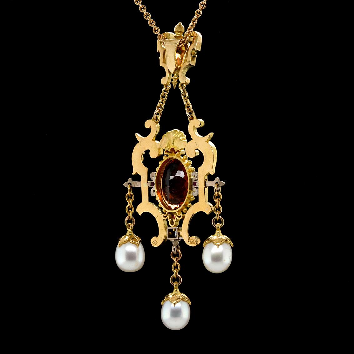 Peach Tourmaline, Zircon, Ruby, Diamond, Pearl 18k Gold Antique Style Pendant For Sale 1