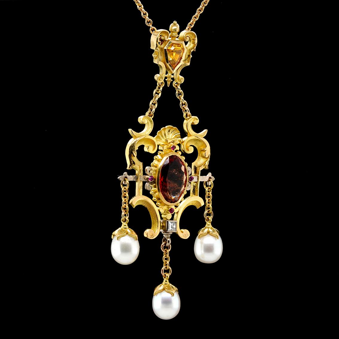 Victorian Peach Tourmaline, Zircon, Ruby, Diamond, Pearl 18k Gold Antique Style Pendant For Sale