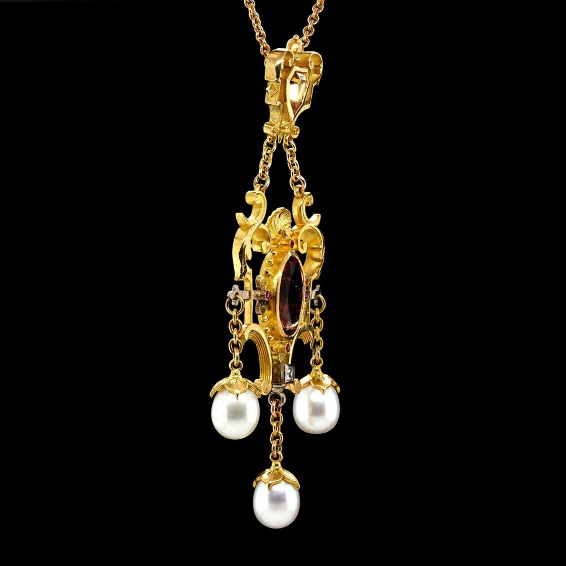 Oval Cut Peach Tourmaline, Zircon, Ruby, Diamond, Pearl 18k Gold Antique Style Pendant For Sale