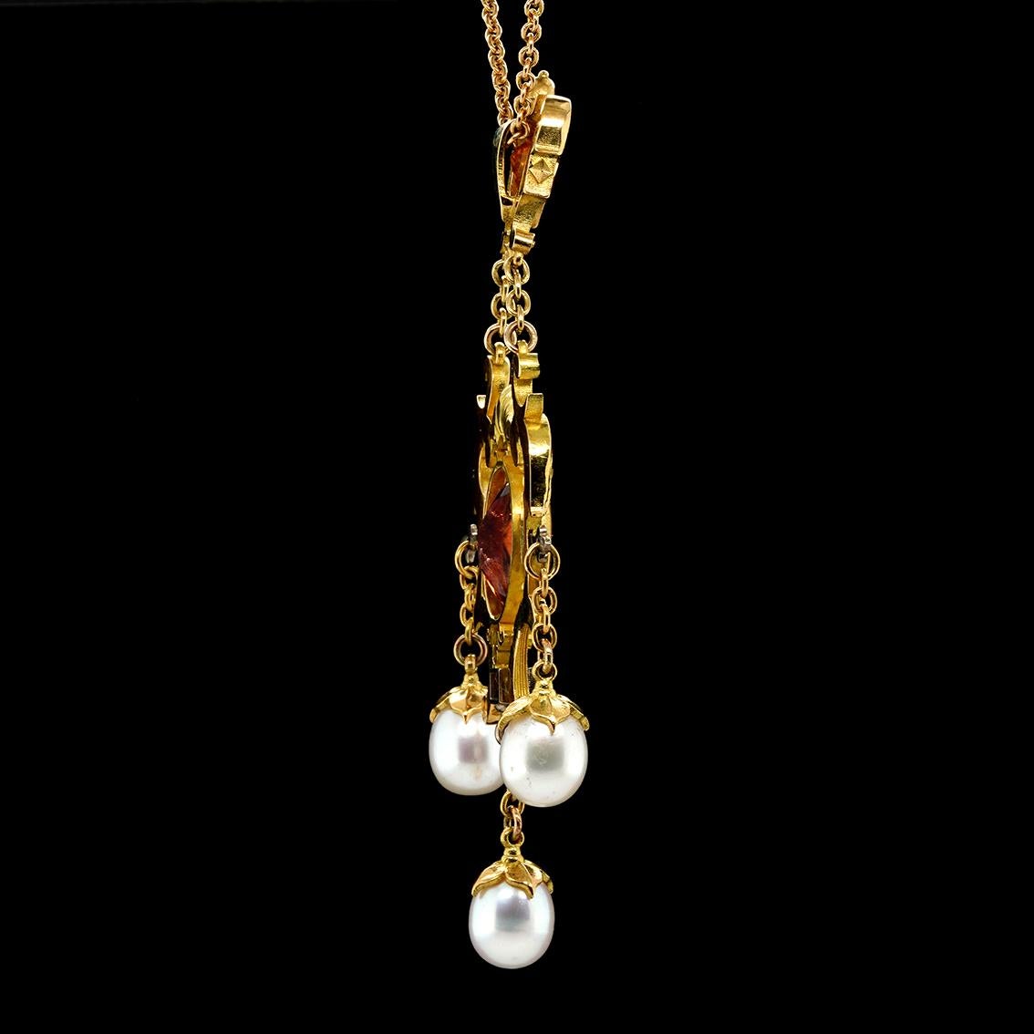 Peach Tourmaline, Zircon, Ruby, Diamond, Pearl 18k Gold Antique Style Pendant In New Condition For Sale In Melbourne, Vic