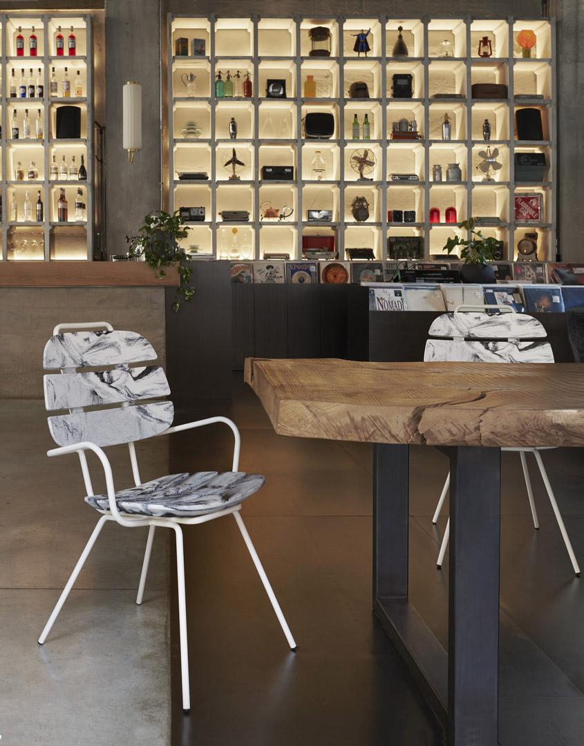 Flame Red Ribs Chair by OTTO Studio
Designed by Paola Navone.
Dimensions: D 61 x W 57 x H 90 cm. Seat Height: 43 cm.
Materials: Polyethylene and metal. 
Weight: 9 kg.

Available in different color options. This product is suitable for indoor and