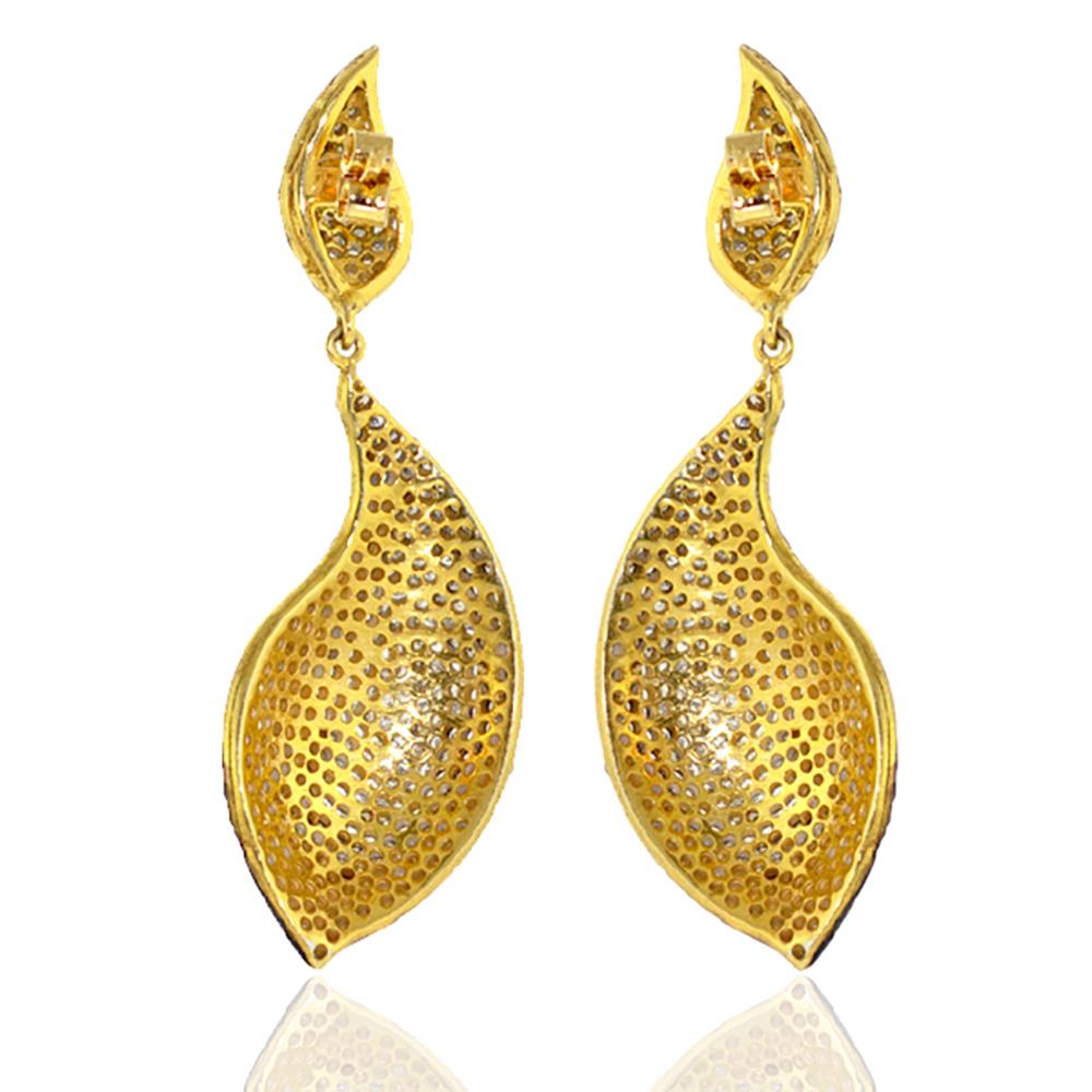 Art Deco Flame Shaped Dangle Earrings with Pave Diamonds Made in 14k Gold and Silver For Sale