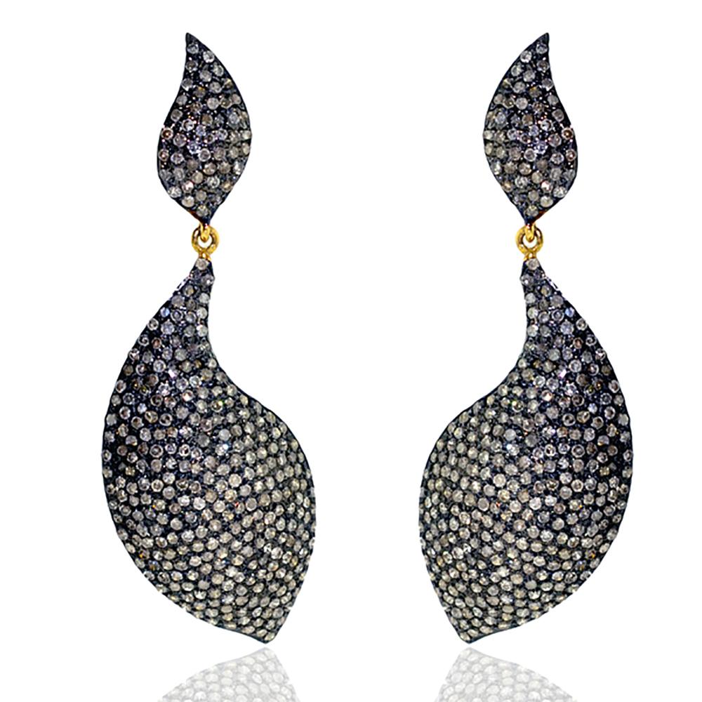 Round Cut Flame Shaped Dangle Earrings with Pave Diamonds Made in 14k Gold and Silver For Sale