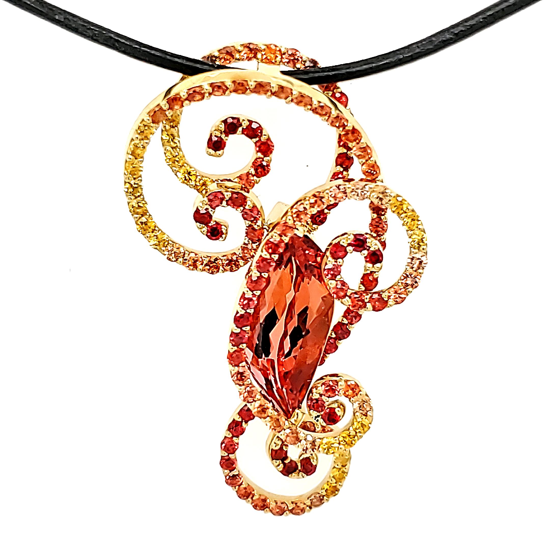 Flame Shaped Imperial Topaz Multi-Colored Sapphire Accents - 18kt Custom Pendant For Sale 4