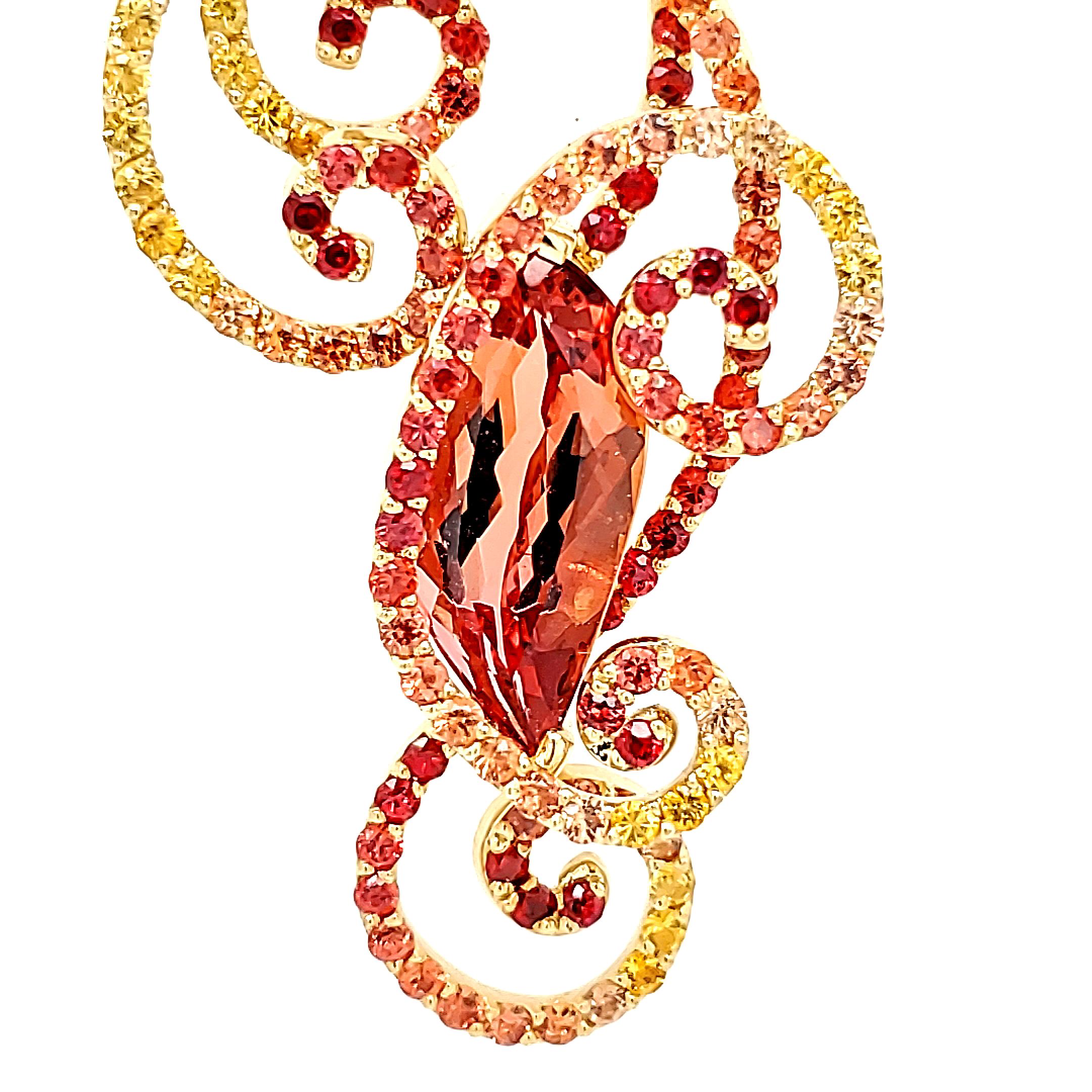 Flame Shaped Imperial Topaz Multi-Colored Sapphire Accents - 18kt Custom Pendant For Sale 5