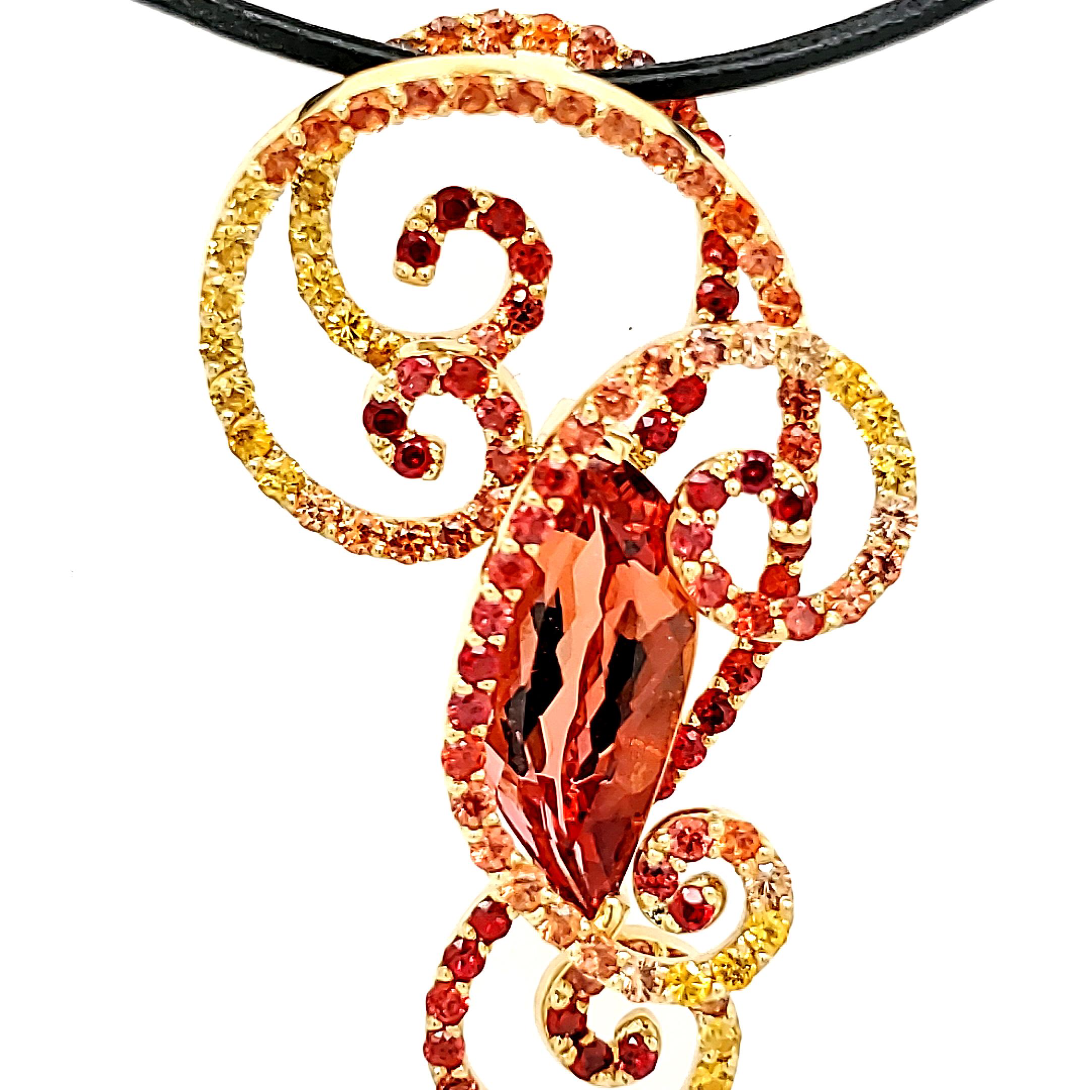 Flame Shaped Imperial Topaz Multi-Colored Sapphire Accents - 18kt Custom Pendant For Sale 6