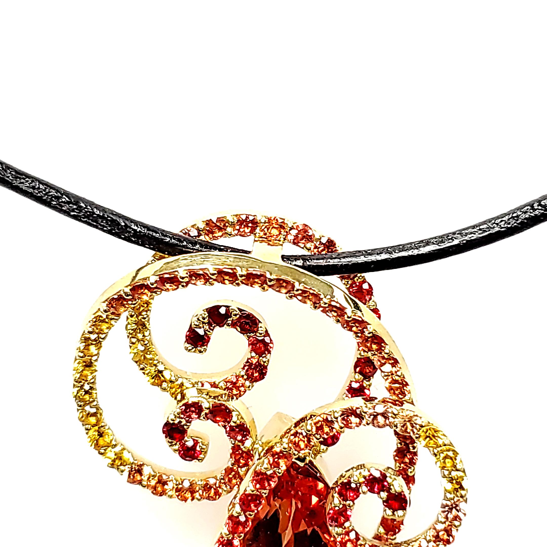 Flame Shaped Imperial Topaz Multi-Colored Sapphire Accents - 18kt Custom Pendant For Sale 7