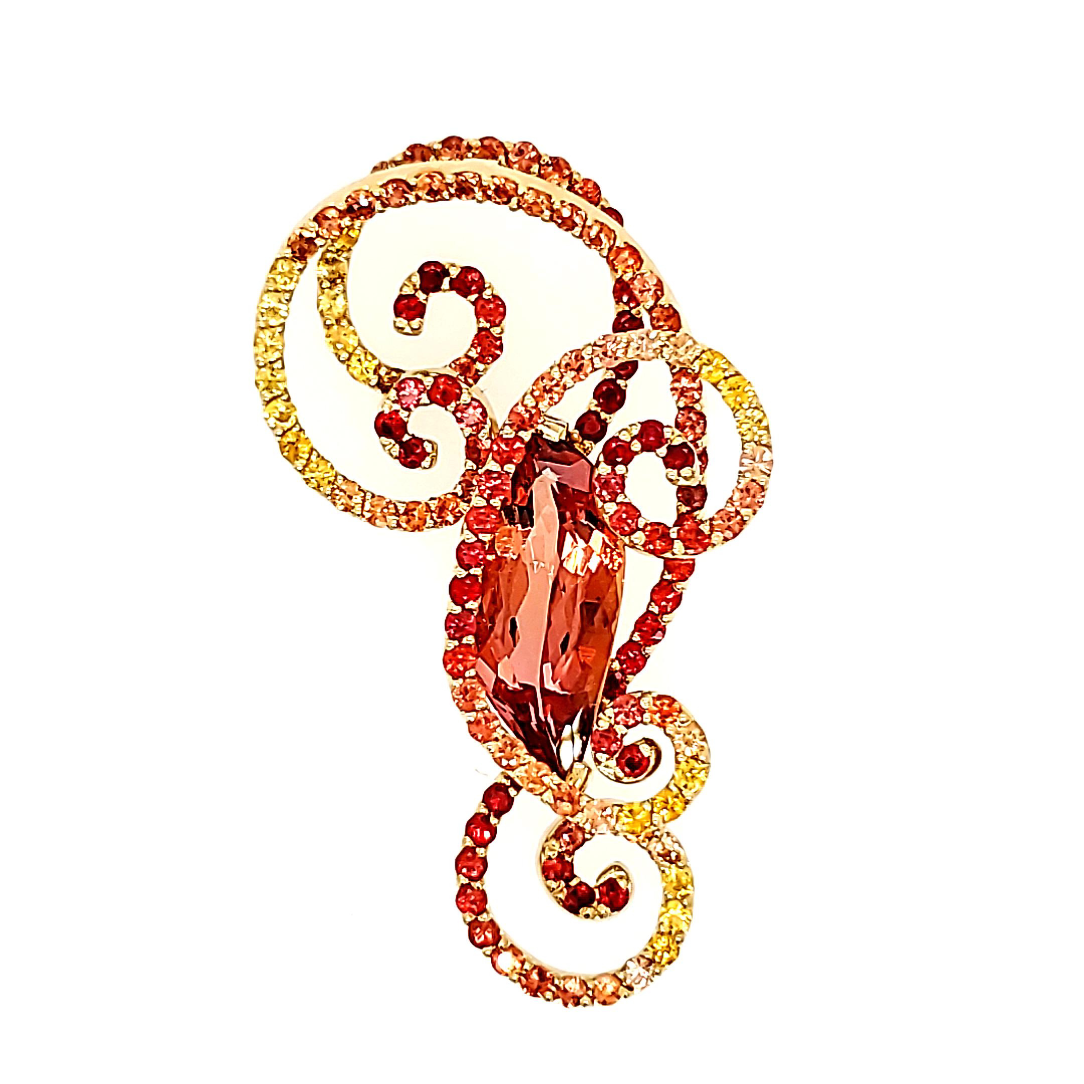 Mixed Cut Flame Shaped Imperial Topaz Multi-Colored Sapphire Accents - 18kt Custom Pendant For Sale
