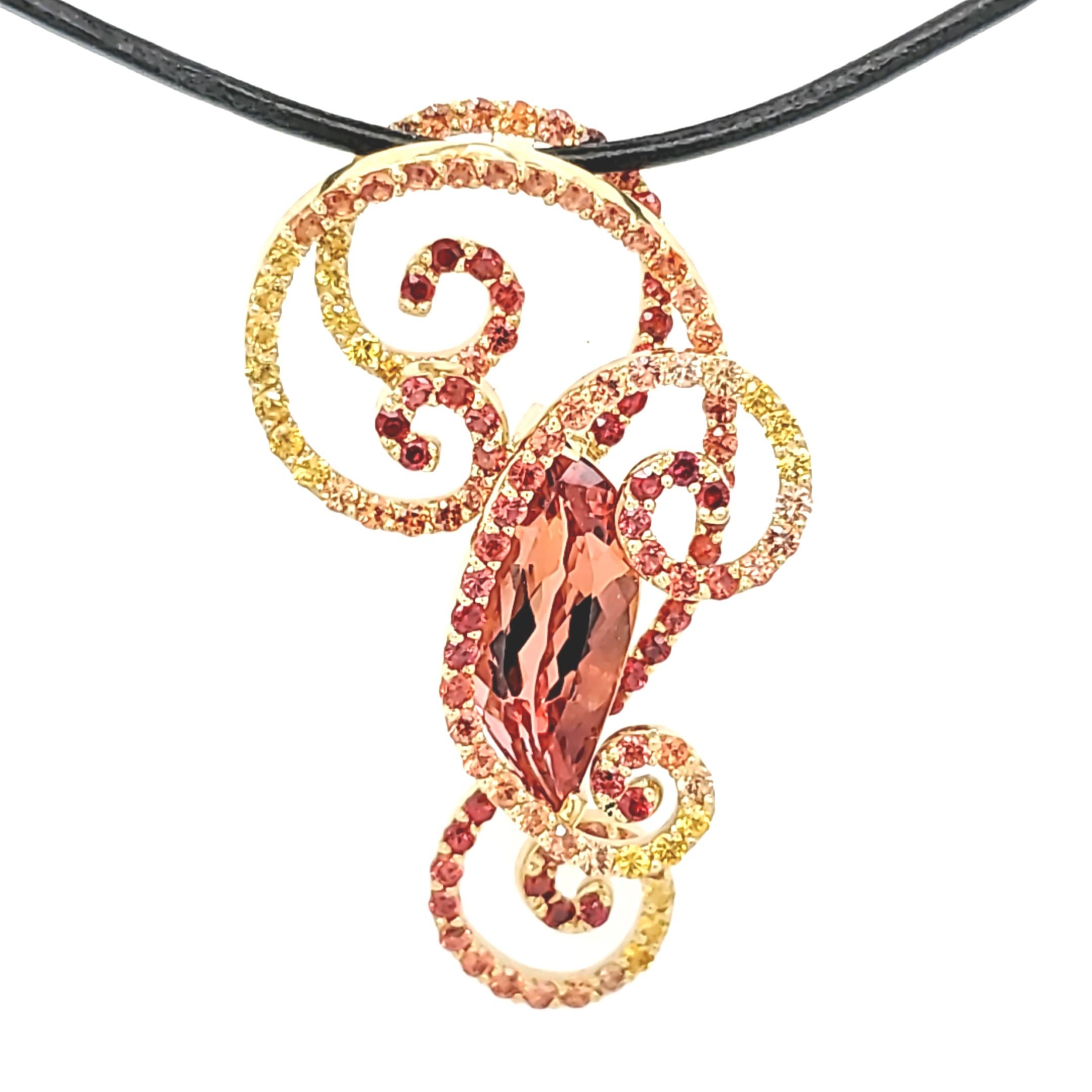 Flame Shaped Imperial Topaz Multi-Colored Sapphire Accents - 18kt Custom Pendant For Sale 2