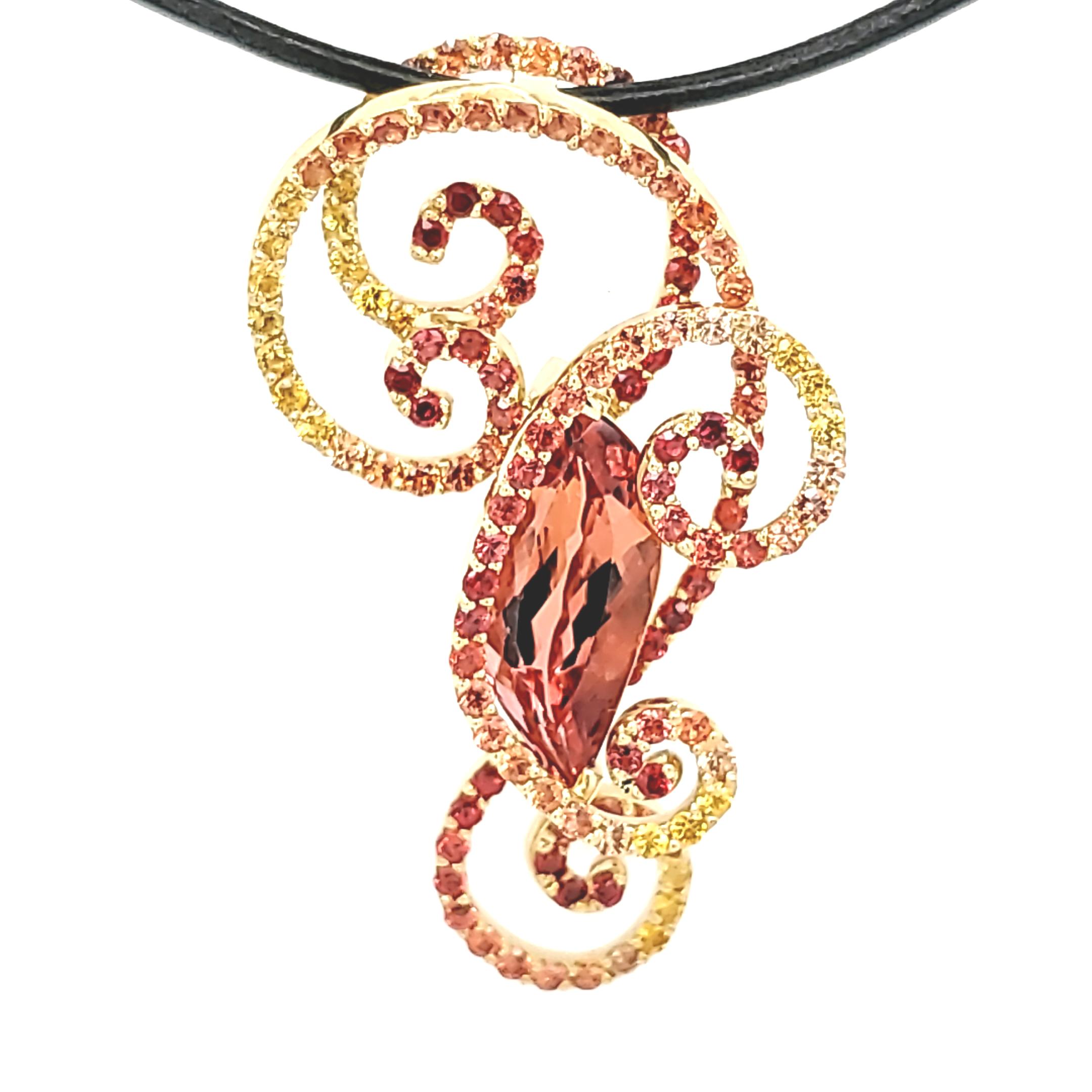 Flame Shaped Imperial Topaz Multi-Colored Sapphire Accents - 18kt Custom Pendant For Sale 3