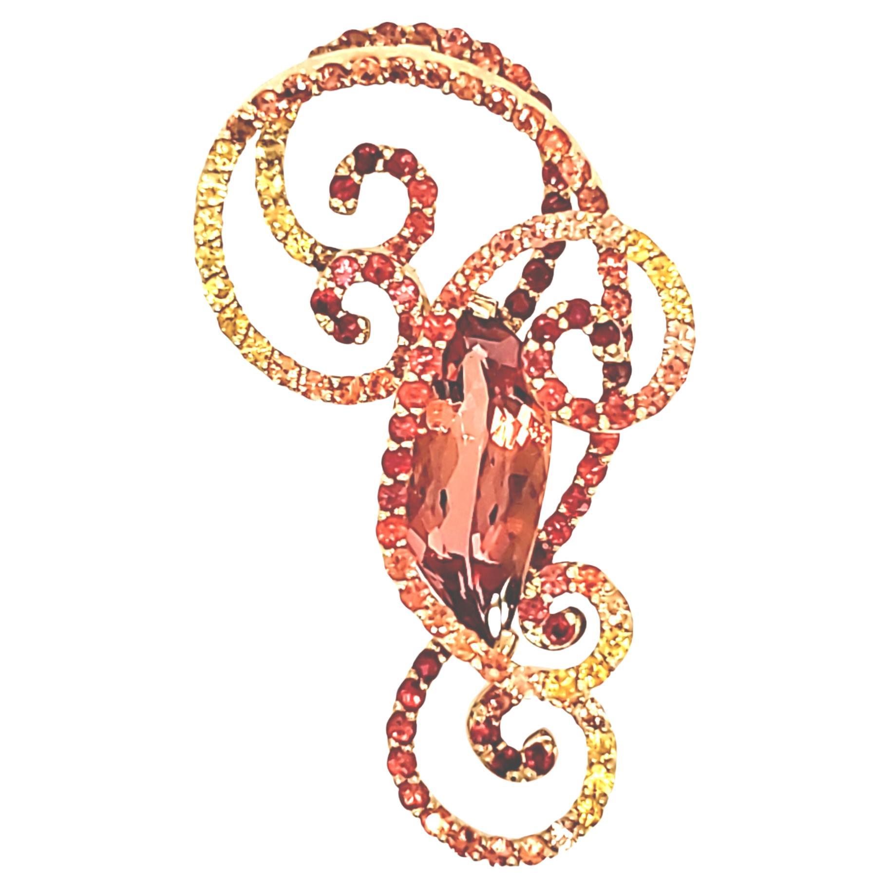 Flame Shaped Imperial Topaz Multi-Colored Sapphire Accents - 18kt Custom Pendant For Sale