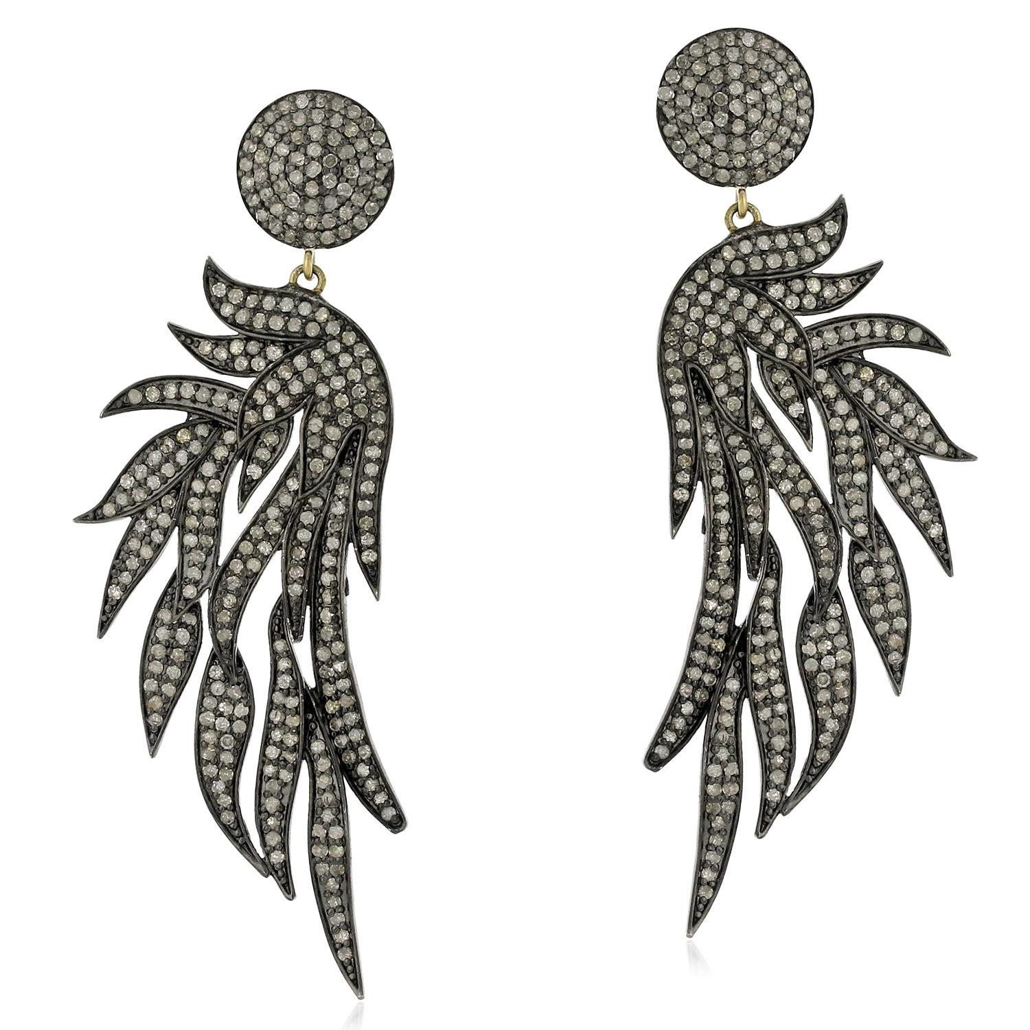 Mixed Cut Flame Shaped Pave Diamond Earrings Made in 14k Gold & Silver For Sale