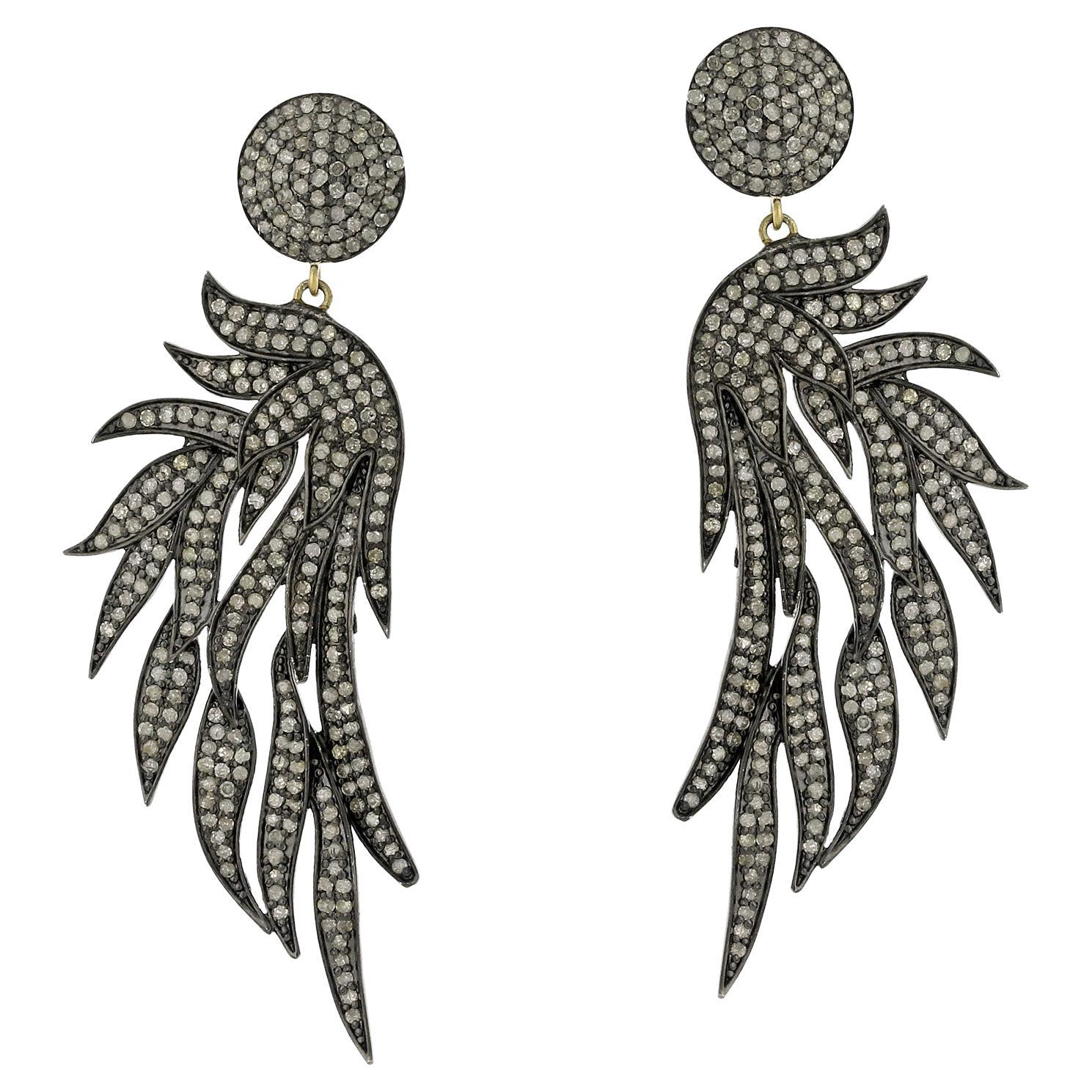 Flame Shaped Pave Diamond Earrings Made in 14k Gold & Silver For Sale