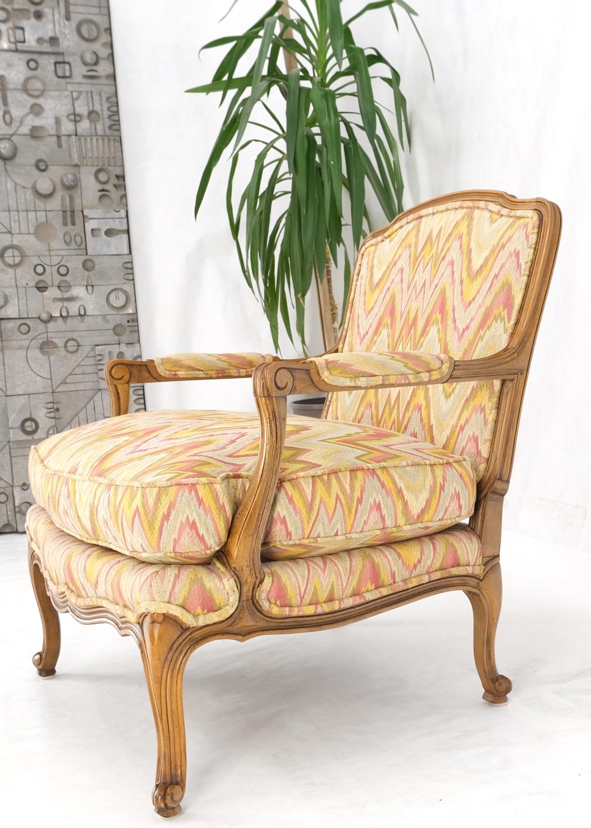 Flame stitch upholstery pattern wide French provincial arm lounge chair by Baker.