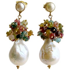 Flameball Pearl Tourmaline Cluster Earrings, Katerina III Earrings