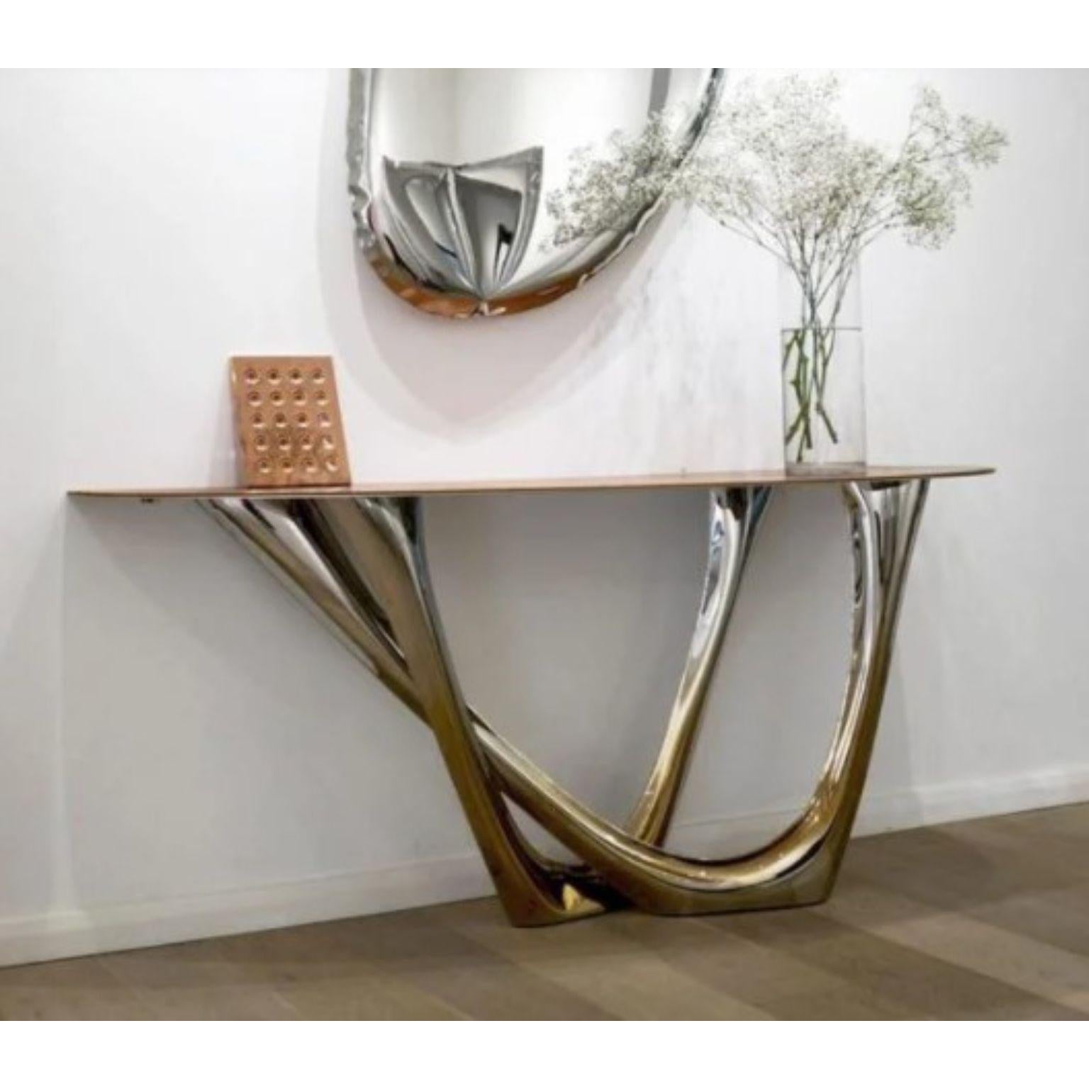 Console en acier à chaleur doré flammé avec base en cuir par Zieta Neuf - En vente à Geneve, CH