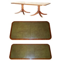Flamed Hardwood 8-12 Person Extending Dining Library Table Green Leather Top