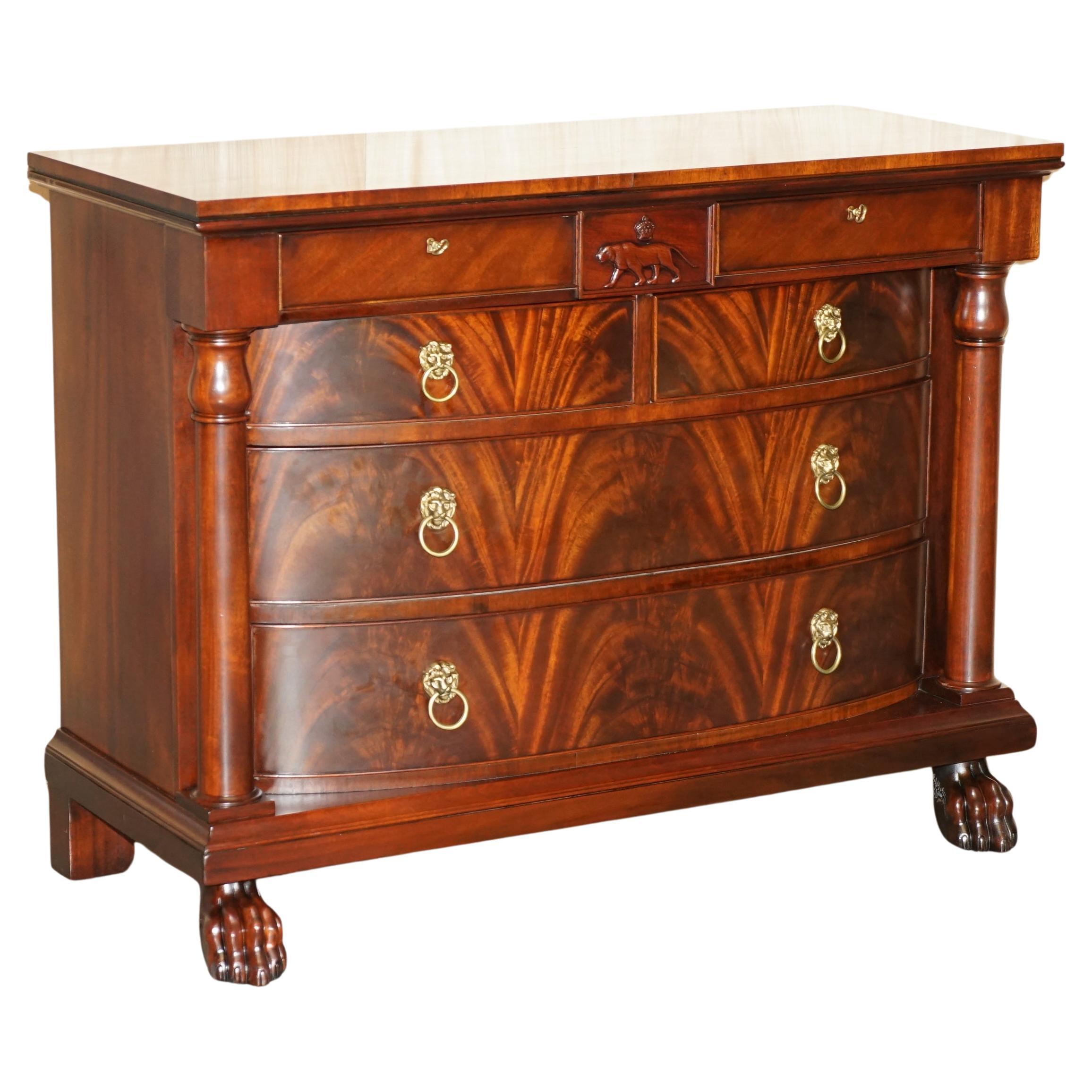 FLAMED HARDWOOD RALPH LAUREN BOW FRONTED EMPIRE LION's HEAD CHEST OF DRAWERS