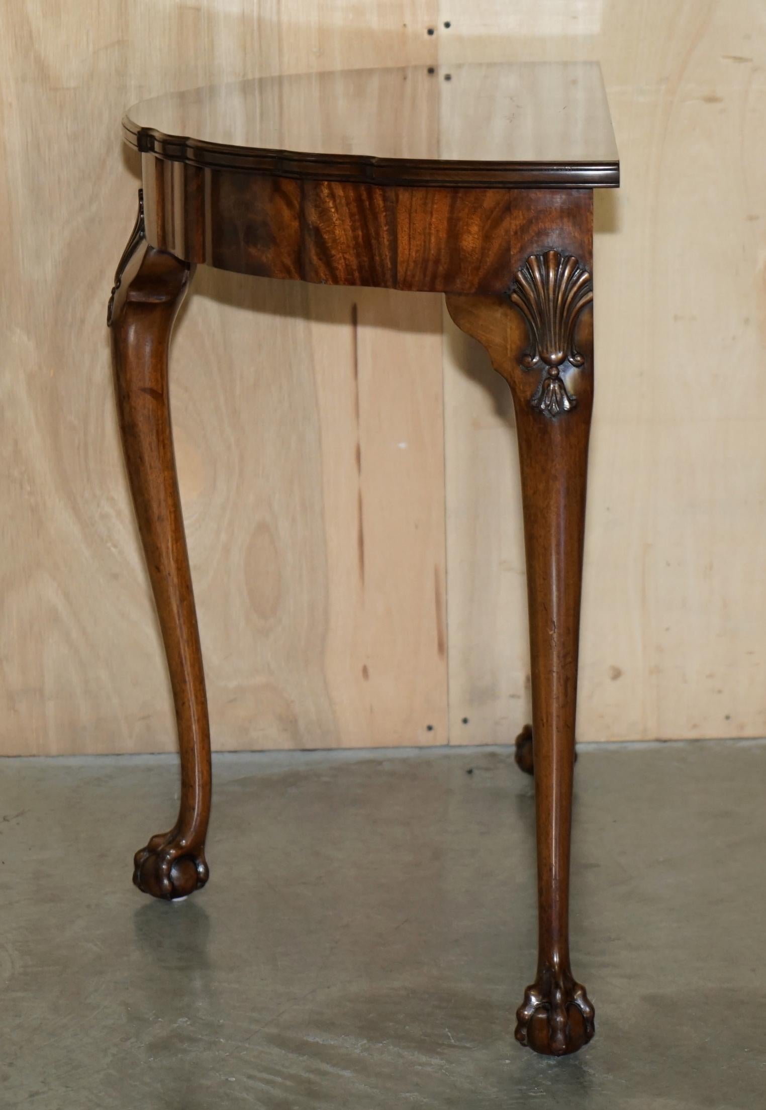FLAMED HARDWOOD THOMAS CHiPPENDALE STYLE DEMI LUNE CLAW & BALL CONSOLE TABLE For Sale 11