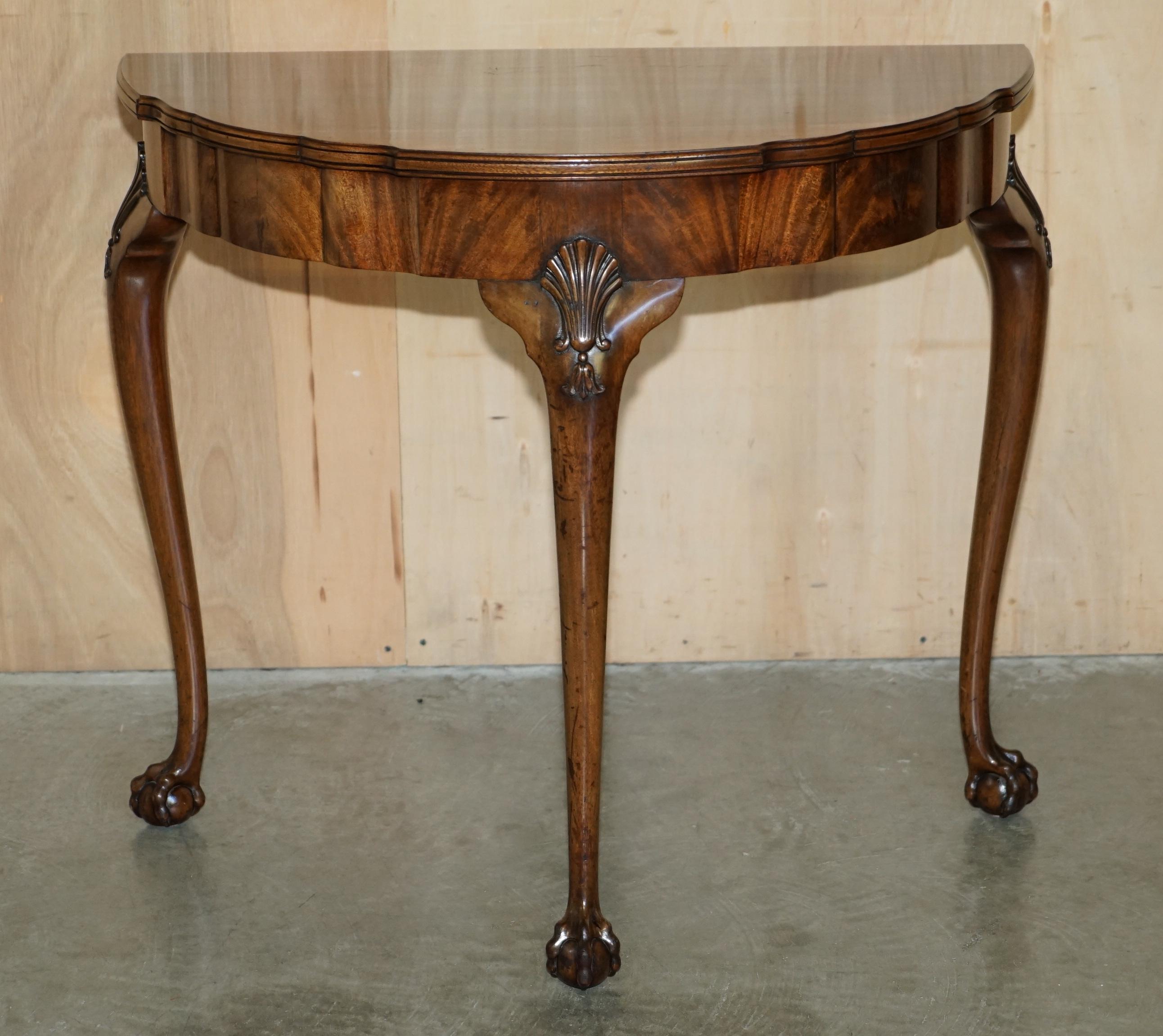 Art Deco FLAMED HARDWOOD THOMAS CHiPPENDALE STYLE DEMI LUNE CLAW & BALL CONSOLE TABLE For Sale