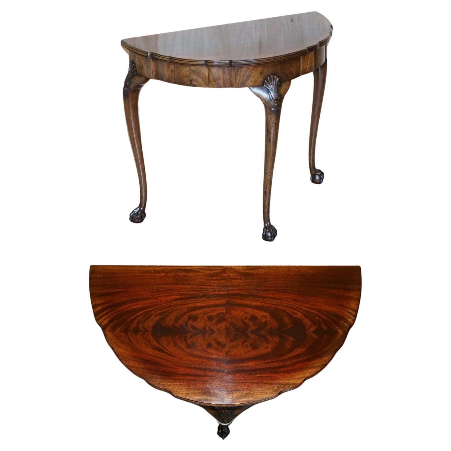 FLAMED HARDWOOD THOMAS CHiPPENDALE STYLE DEMI LUNE CLAW & BALL CONSOLE TABLE For Sale
