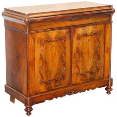Flamed Mahogany Sideboard Cupboard Ornately Carved Beautiful Drawers, circa 1850