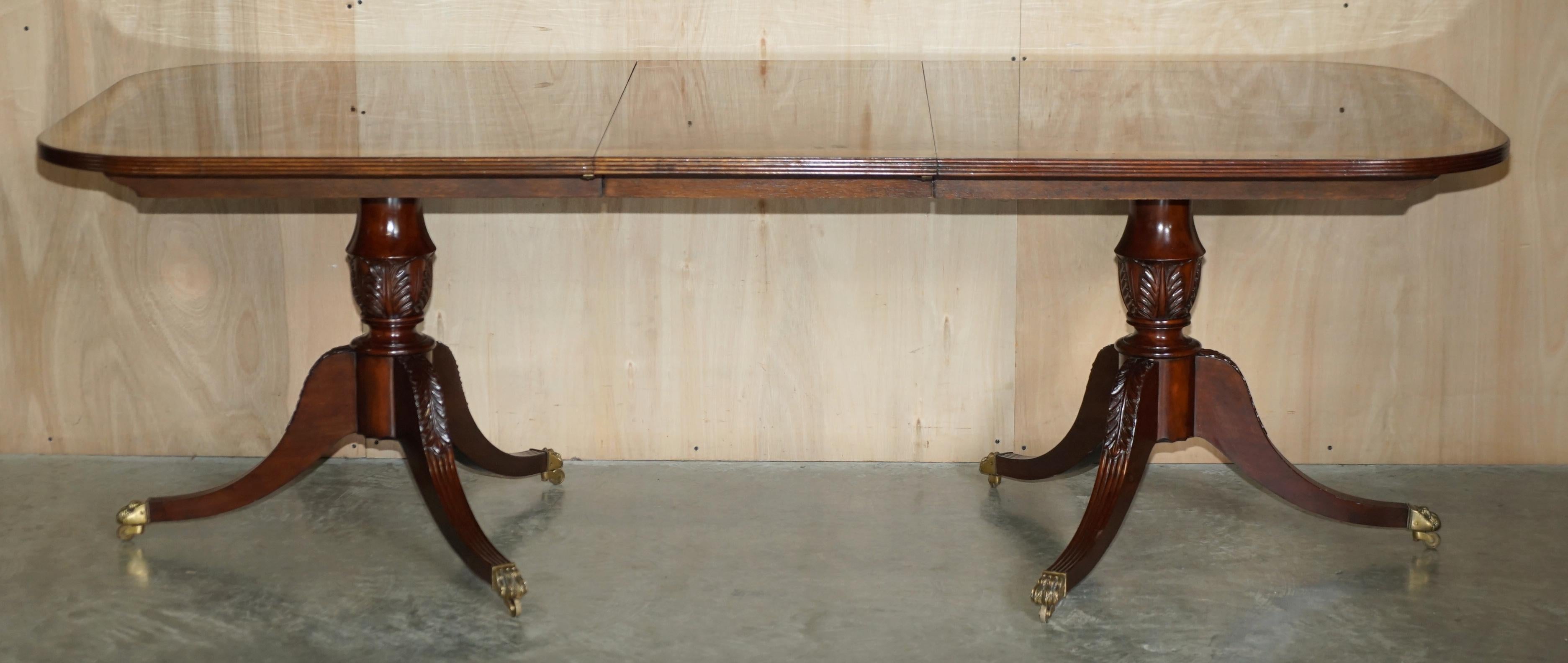 Flamed Hardwood & Walnut Based Tripod Extending Dining Table Brass Castors For Sale 9