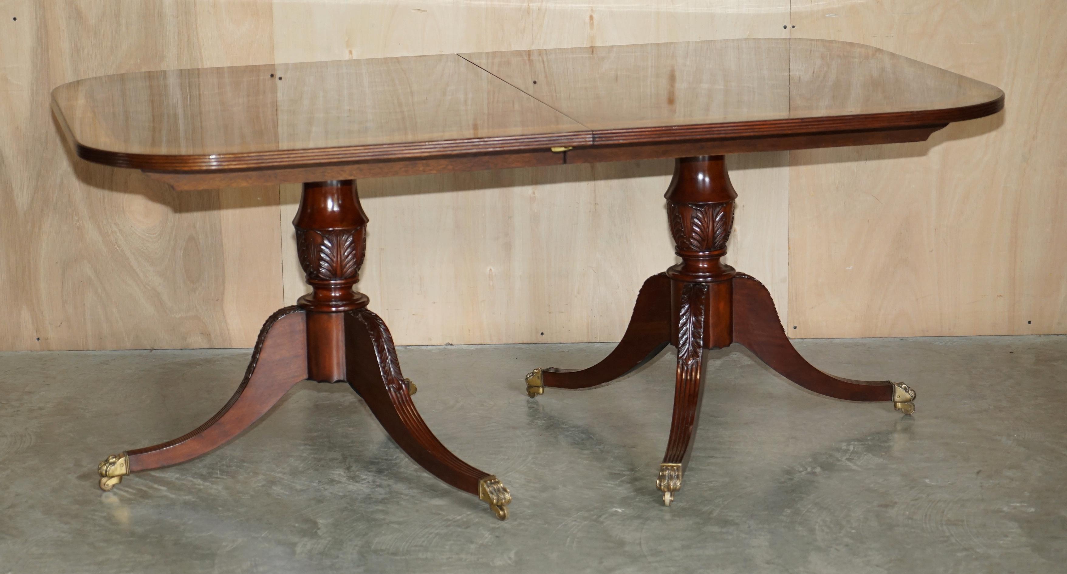 Flamed Hardwood & Walnut Based Tripod Extending Dining Table Brass Castors For Sale 10
