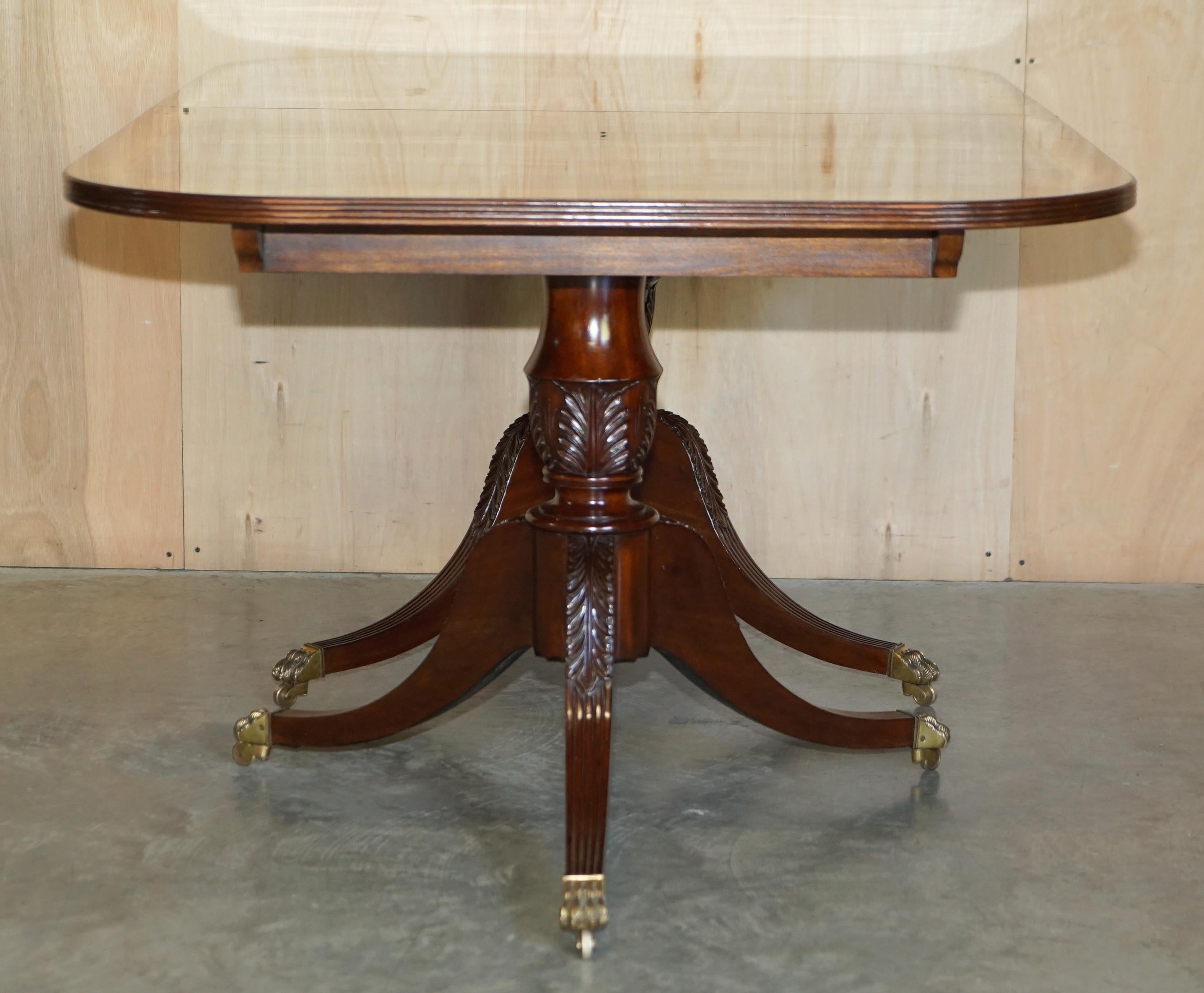 Flamed Hardwood & Walnut Based Tripod Extending Dining Table Brass Castors For Sale 12
