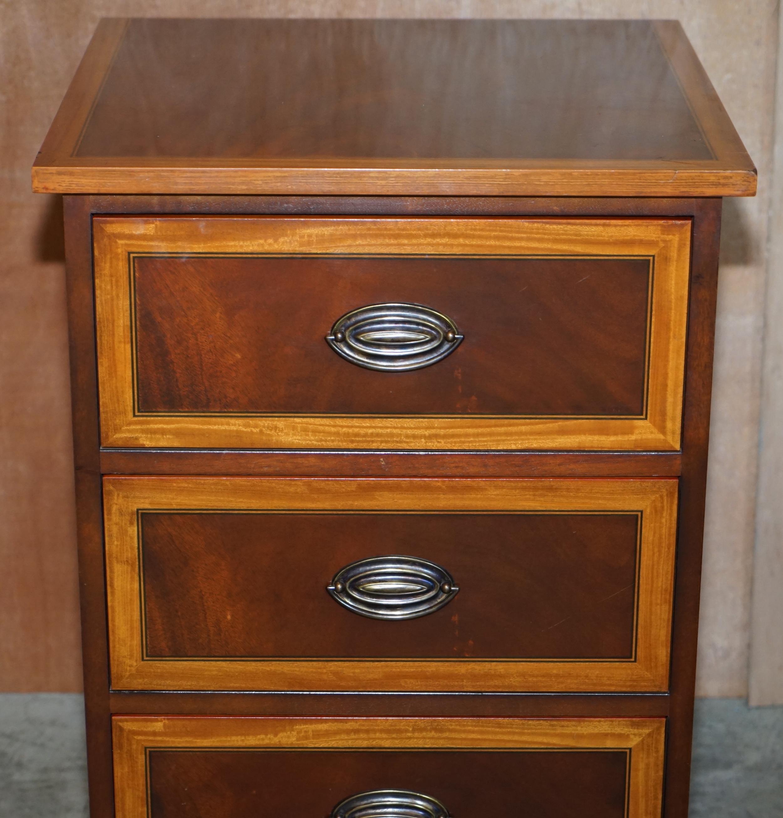 English Flamed Hardwood  & Walnut John Tanous Side Lamp Table Sized Chest of Drawers