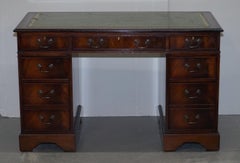 Flamed Mahogany with Green Leather Writing Surface Twin Pedestal Partner Desk