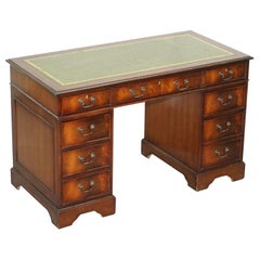 Flamed Mahogany with Green Leather Writing Surface Twin Pedestal Partner Desk