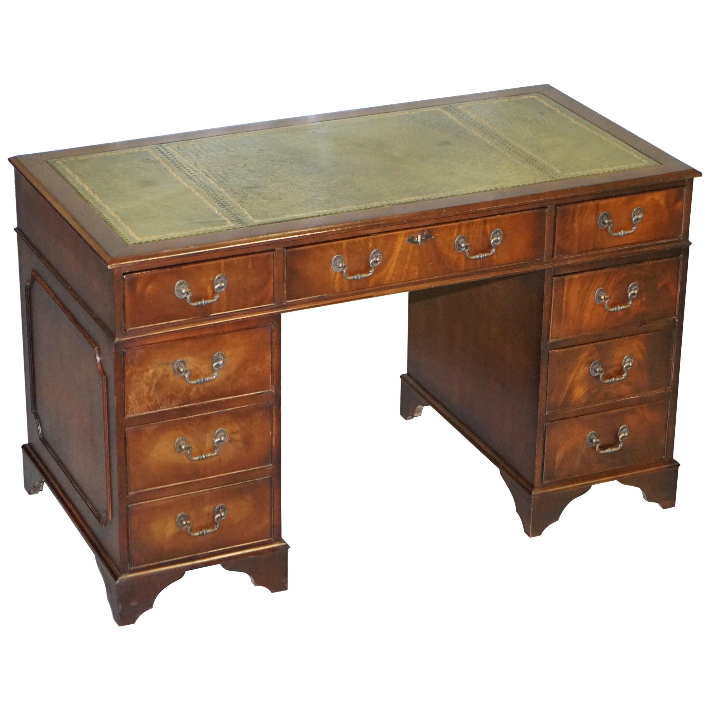 Flamed Hardwood with Green Leather Writing Surface Twin Pedestal Partner Desk