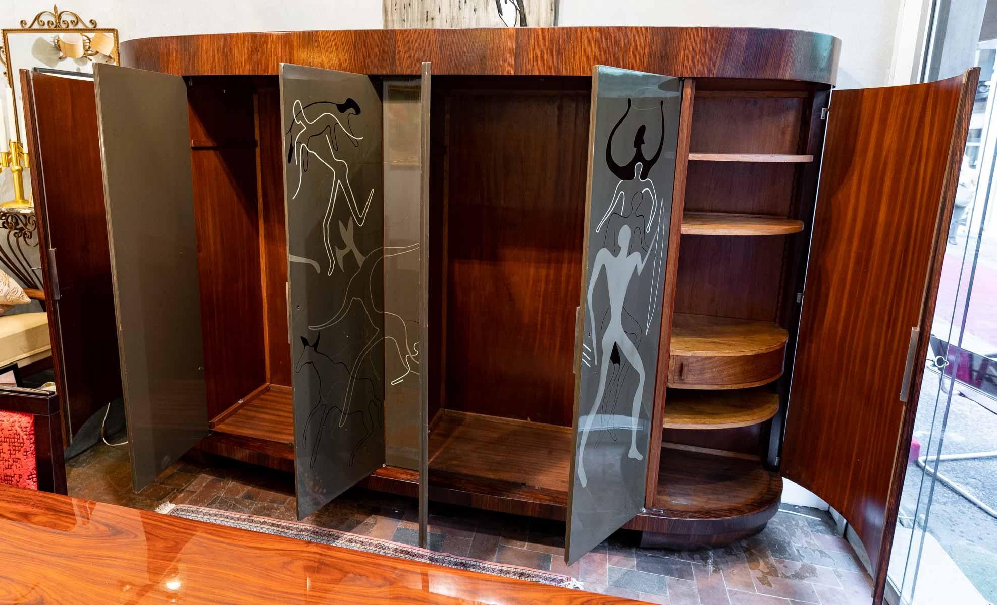 Flamed Rosewood Wardrobe, Unique Piece, Paintings by Voldemar Boberman 1