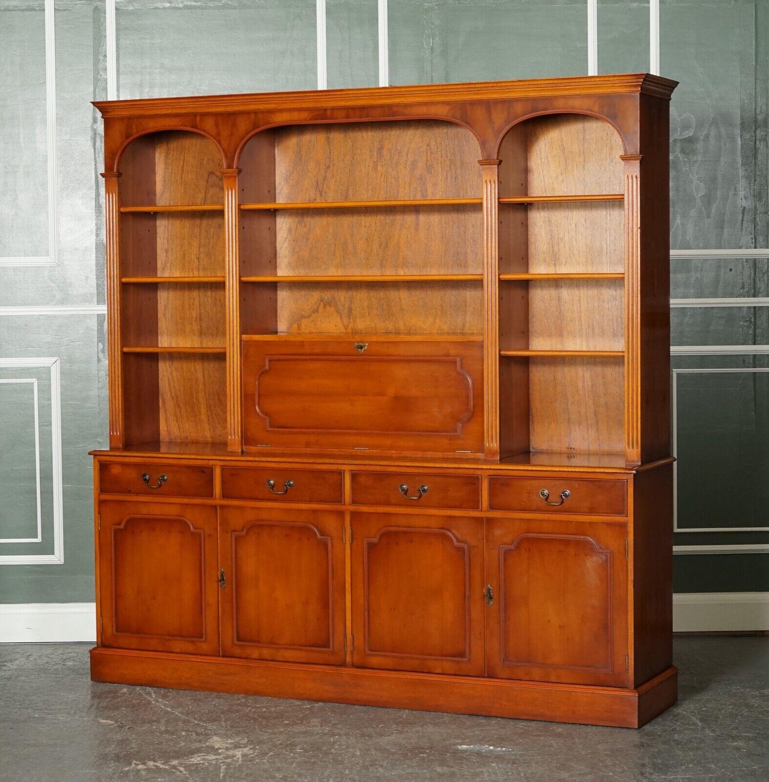 British Flamed Yew Wood Bradley England Bank Library Bookcase Cupboard with Lights For Sale