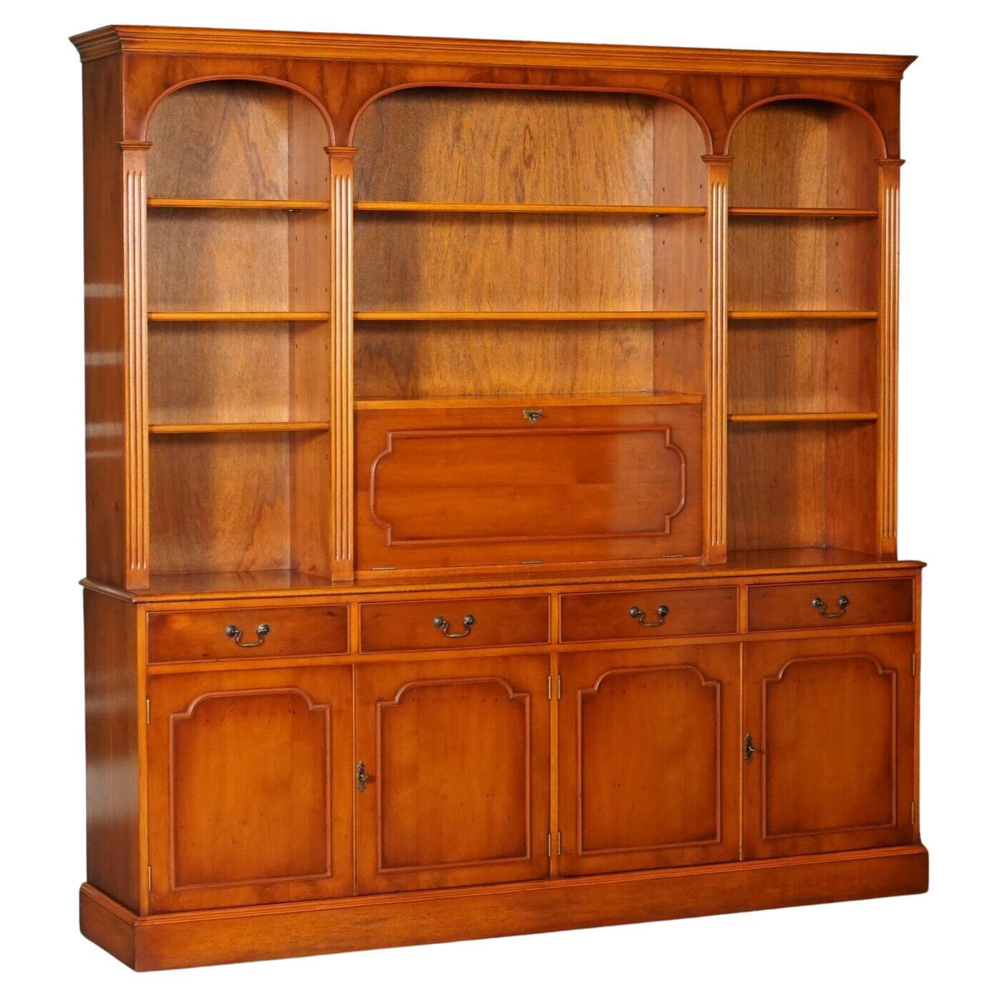 Flamed Yew Wood Bradley England Bank Library Bookcase Cupboard with Lights For Sale