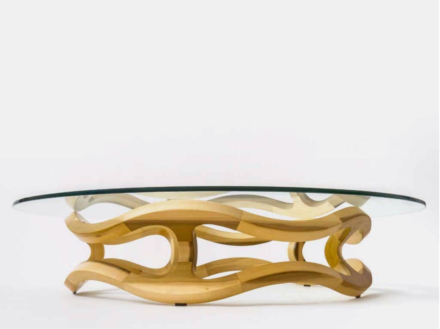 Mexican Contemporary Wood and Glass Top Center Table in Poplar Wood from Mexico For Sale