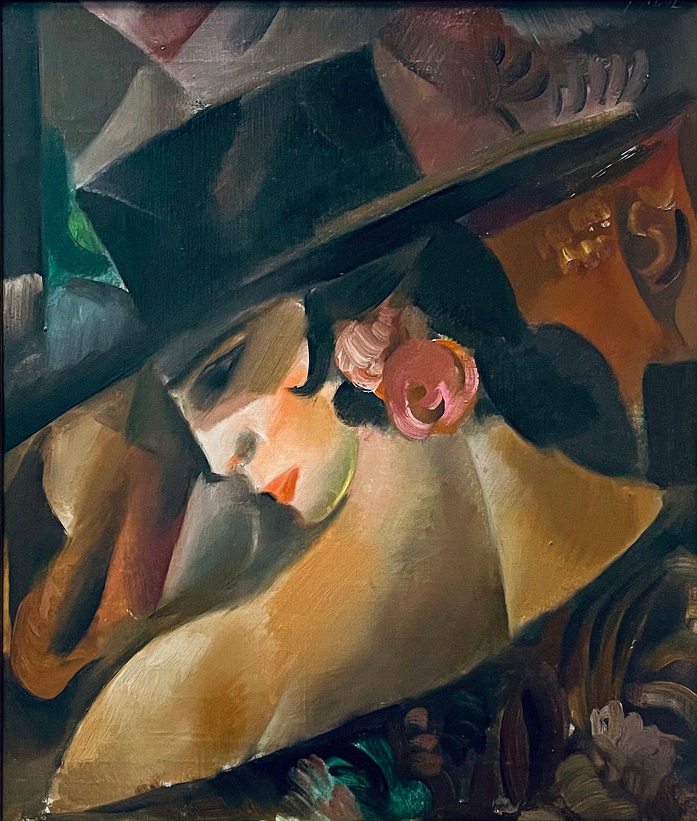 Diese Ansicht einer jungen Flamencotänzerin mit breitkrempigem Hut und Rosen im Haar ist ein brillantes Beispiel für die vom Kubismus beeinflusste Art Déco-Malerei. Sie wurde von Jules Schyl gemalt, einem der führenden schwedischen Künstler der