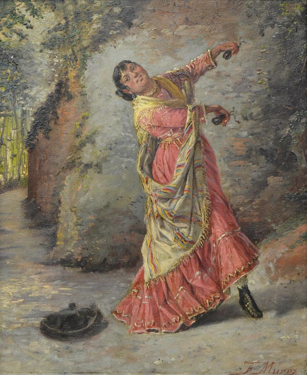 Peinture encadrée à l'huile sur panneau de bois, Danseuse flamenco avec castagnettes, signée en bas à droite F. Muros (Francisco Muros Ubeda, espagnol, 1836-1917).