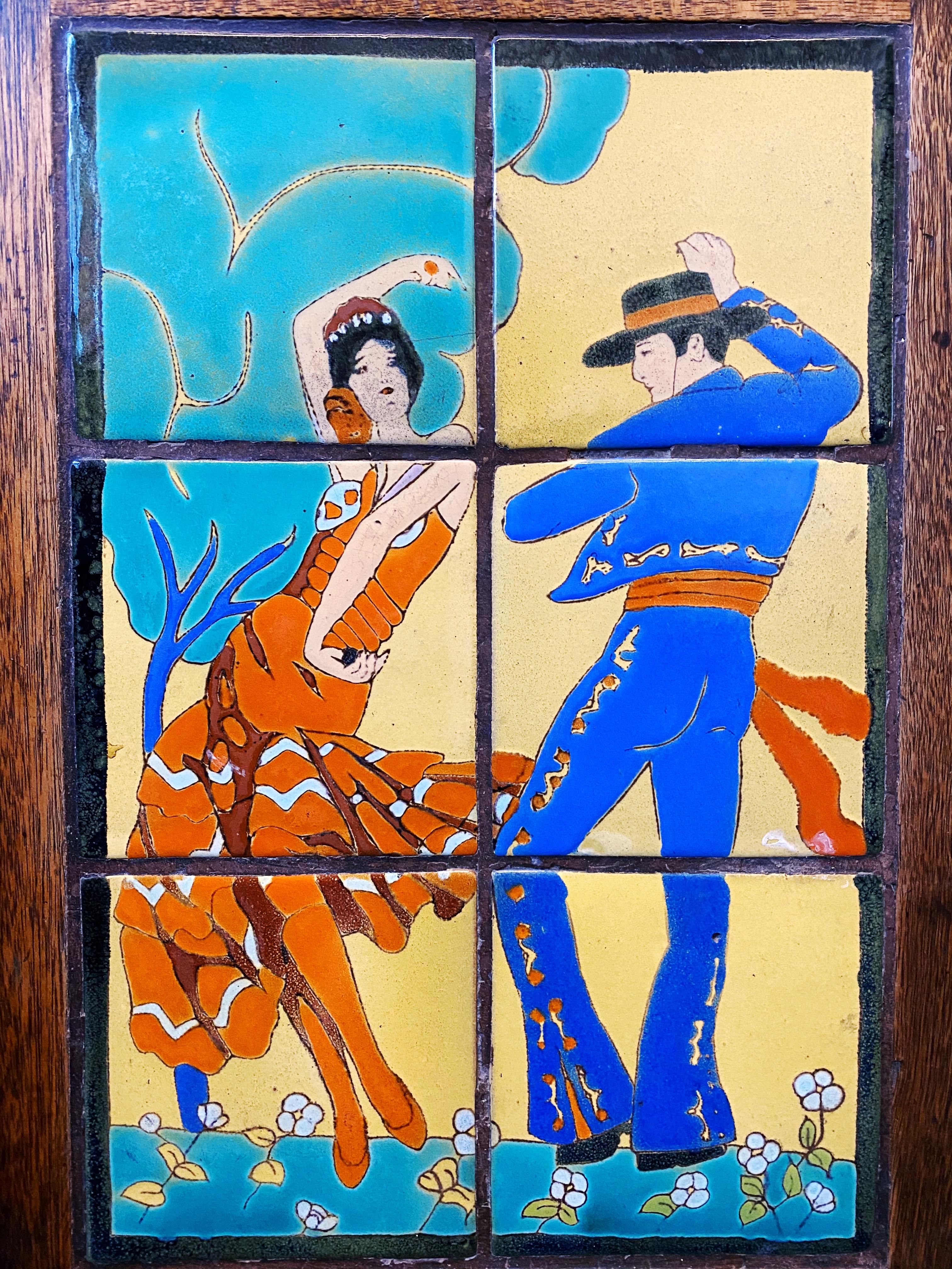 This Flamenco dancers tile table by Tayler Tilery is in excellent condition. Wear is consistent with age and use.
Taylor Tilery (1930-1941, also known as Santa Monica Brick Company) produced at least a dozen designs depicting Spanish and Mexican