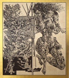 Flaming Artist, One-of-a-Kind Mannerist Erotic Wood Marquetry, 24K Gold Leaf