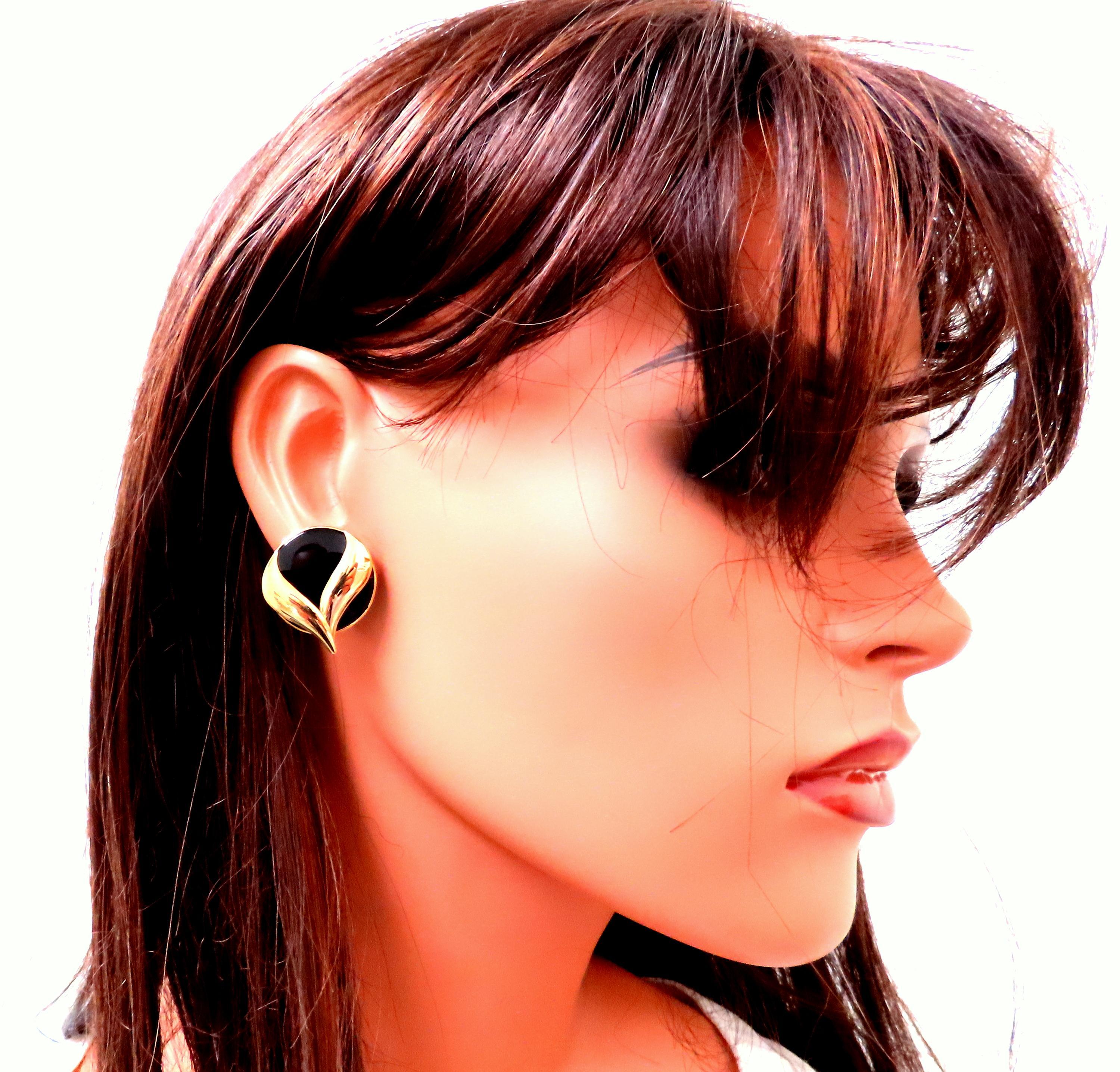 Round Cut Flaming Black Onyx Retro Mod Earrings 14kt 25475 For Sale