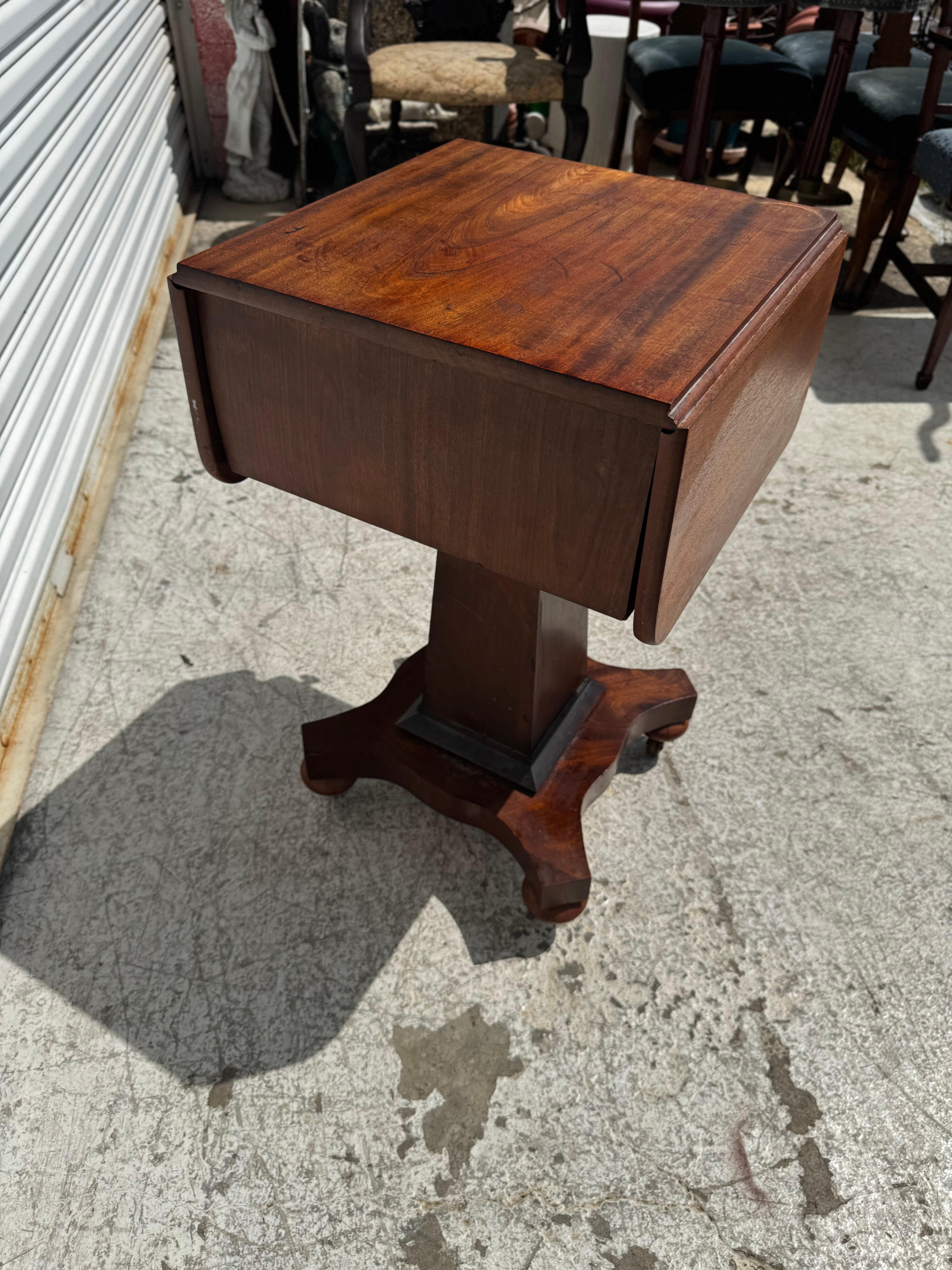 Flaming Mahogany Empire Revival Drop Leaf Sewing Table by Scheide For Sale 2