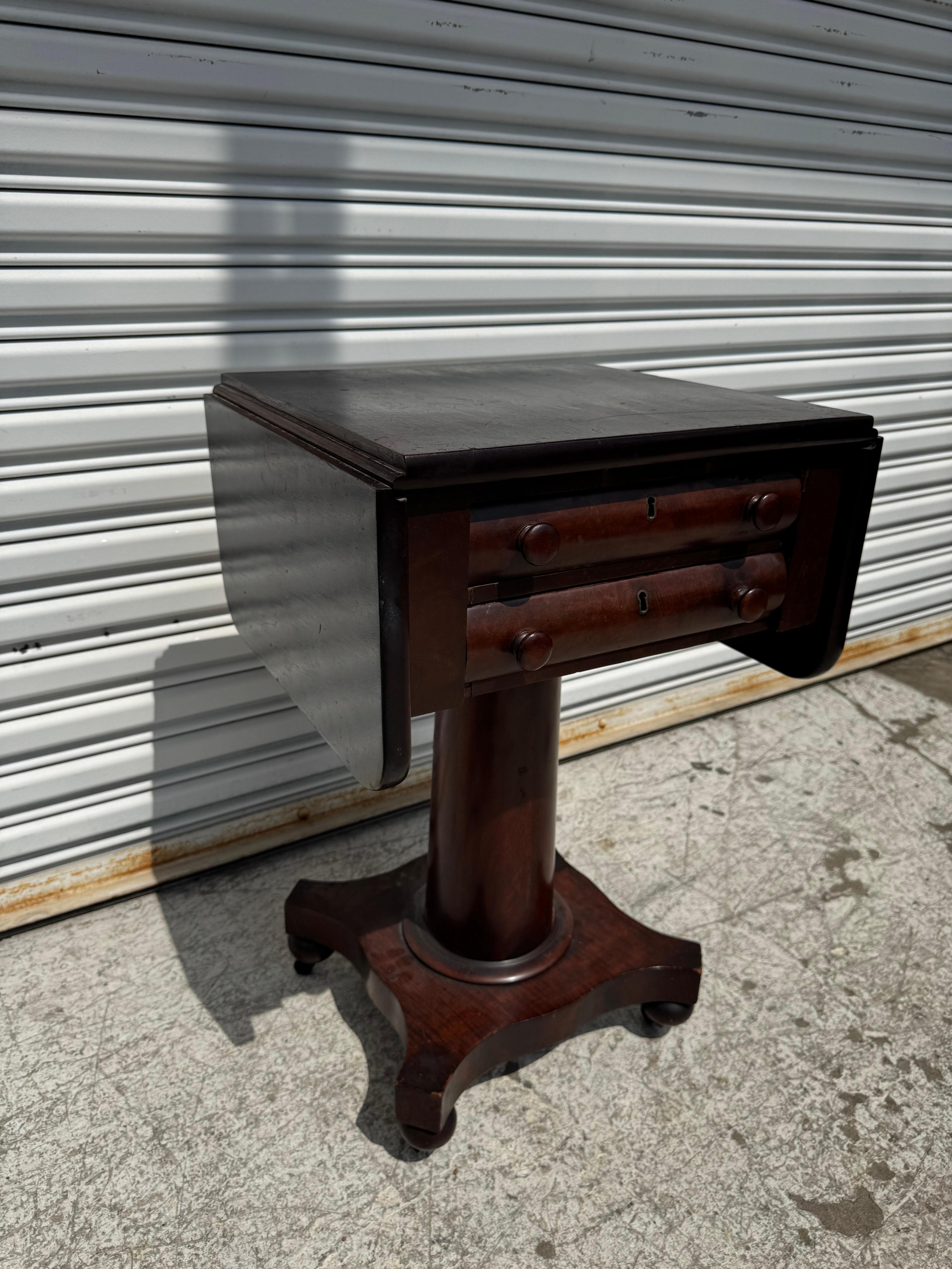 English Flaming Mahogany Empire Revival Drop Leaf Sewing Table For Sale