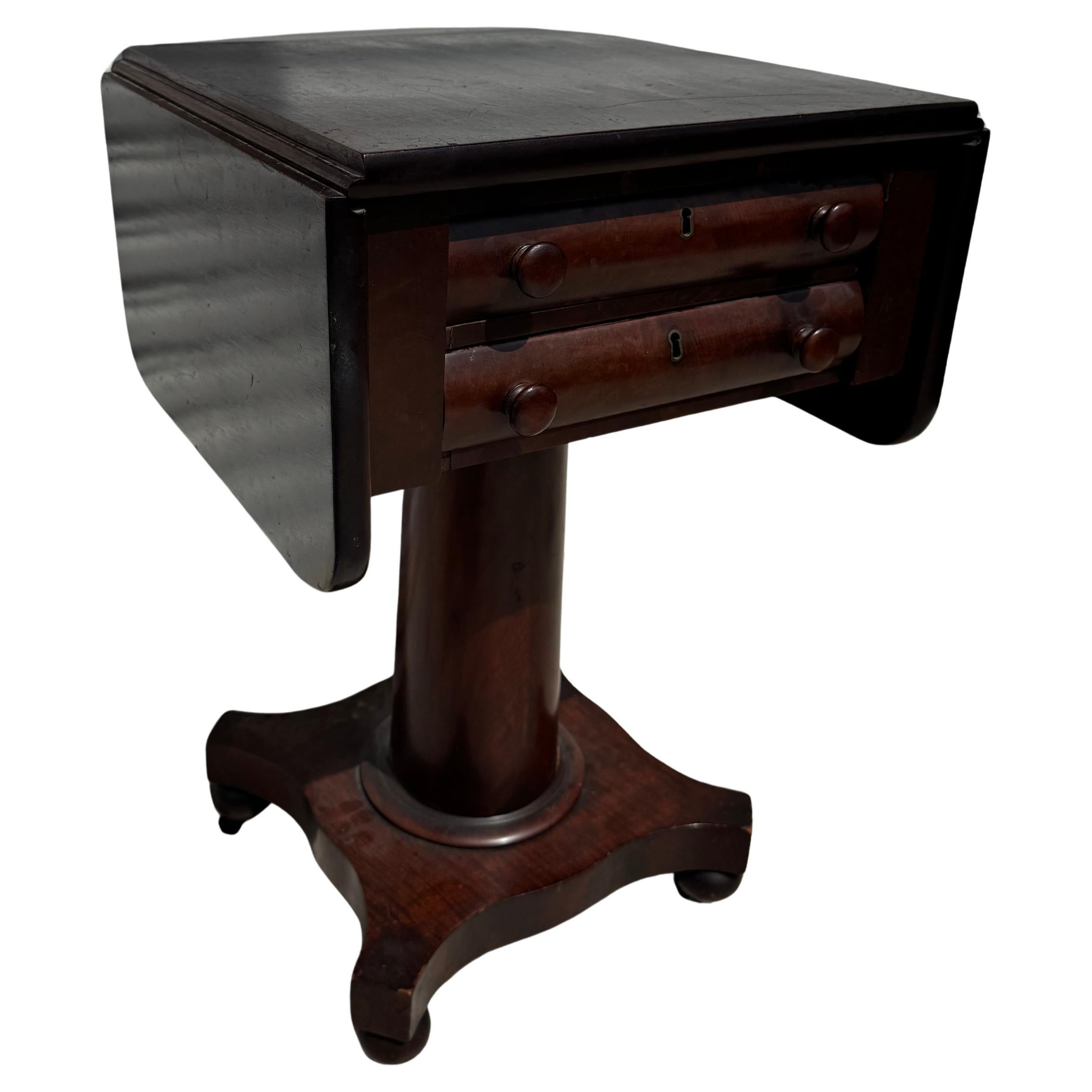 Flaming Mahogany Empire Revival Drop Leaf Sewing Table