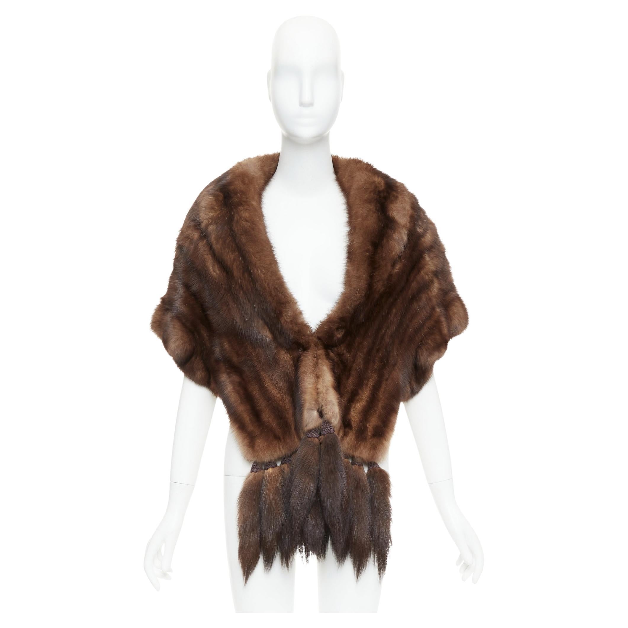 FLAMINGO brown real Russian fur tassel tiered shawl scarf stole