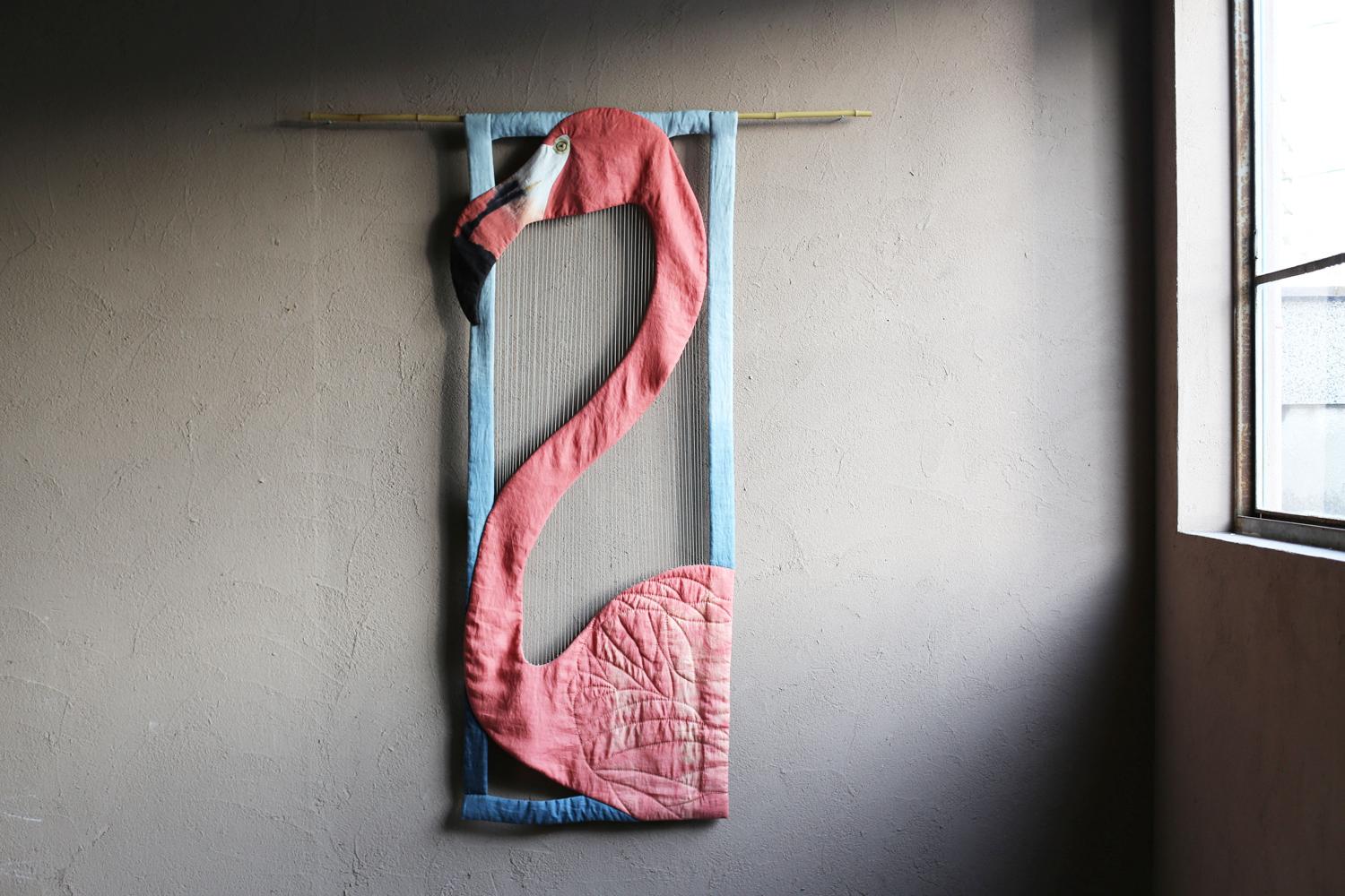 Title : Flamingo
Japan / 2024s
Size : w 730 × h 1800 mm

The material is fine French linen.
Hand quilted and decorated using dyed sashiko thread.
Natural dyes are chinese sumac, madder, and logwood.

*Only the artwork is for sale. The display pole