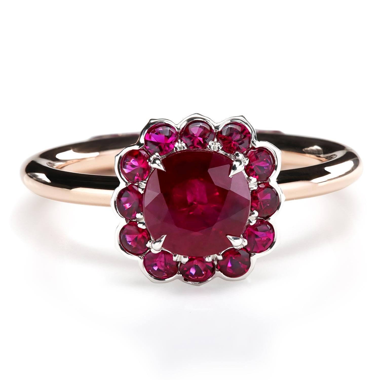 Leon Mege Red Flamingo ring with a natural 1.15-carat ruby is designed to be as exceptional as the love it symbolizes. The Podium base set with European buffed-top rubies provides an alternative look for casual wear. 
Center stone is round